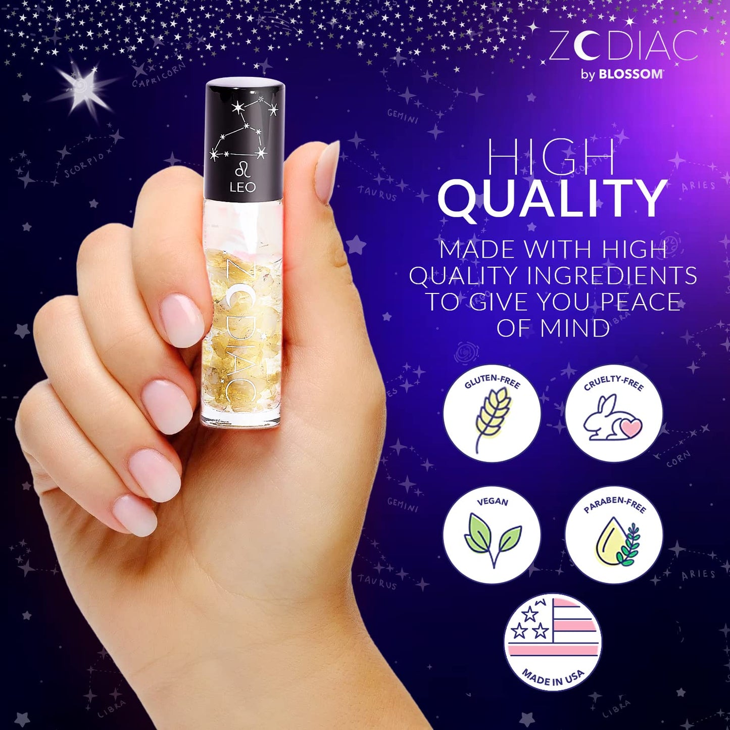 Blossom Lip Gloss Zodiac Sign Vanilla Scented Roll-On Lip Gloss, Moisturizing + Hydrating with Zodiac Crystals, Made in USA, 0.20oz, Leo Beauty & Personal Care Blossom