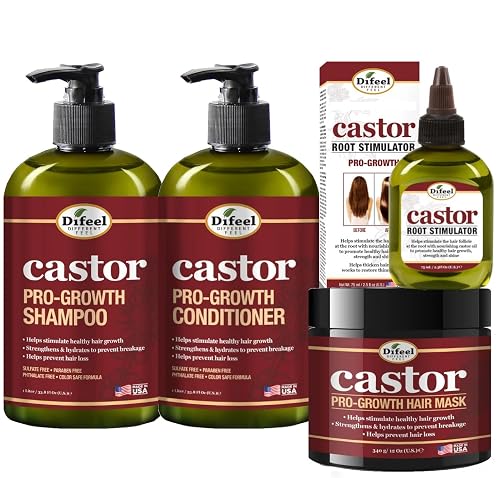 Difeel 4-PC Castor Pro-Growth Hair Growth: Cleansing & Growth Set - Includes 12 oz Shampoo, 12oz Conditioner, 12oz Hair Mask & 2.5oz Root Stimulator Beauty & Personal Care Difeel