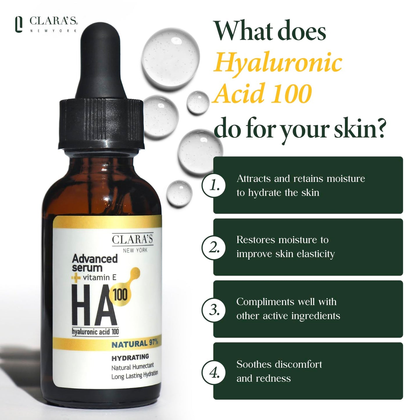 CLARA'S NEW YORK Hyaluronic Acid Facial Serum with Vitamin E - Hydrating & Moisturizing Face Serum - Lightweight, Fast Absorbing - 1 fl oz Beauty & Personal Care CLARA'S NEW YORK