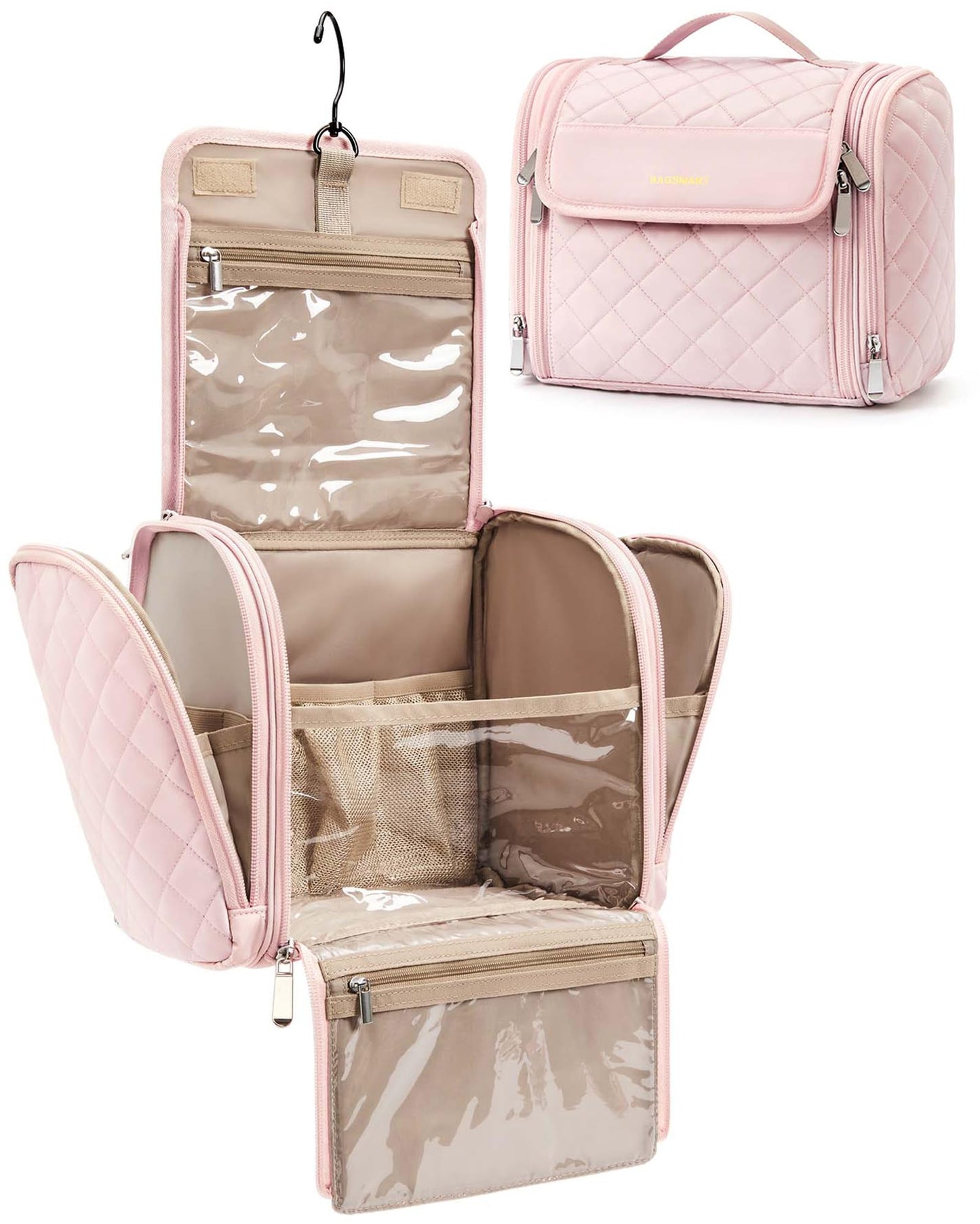 BAGSMART Makeup Bag for Women with Hanging Hook, Large Portable Capacity Water-resistant Organizer Travel Case for Toiletries and Cosmetics, Pink Beauty and Personal Care BAGSMART