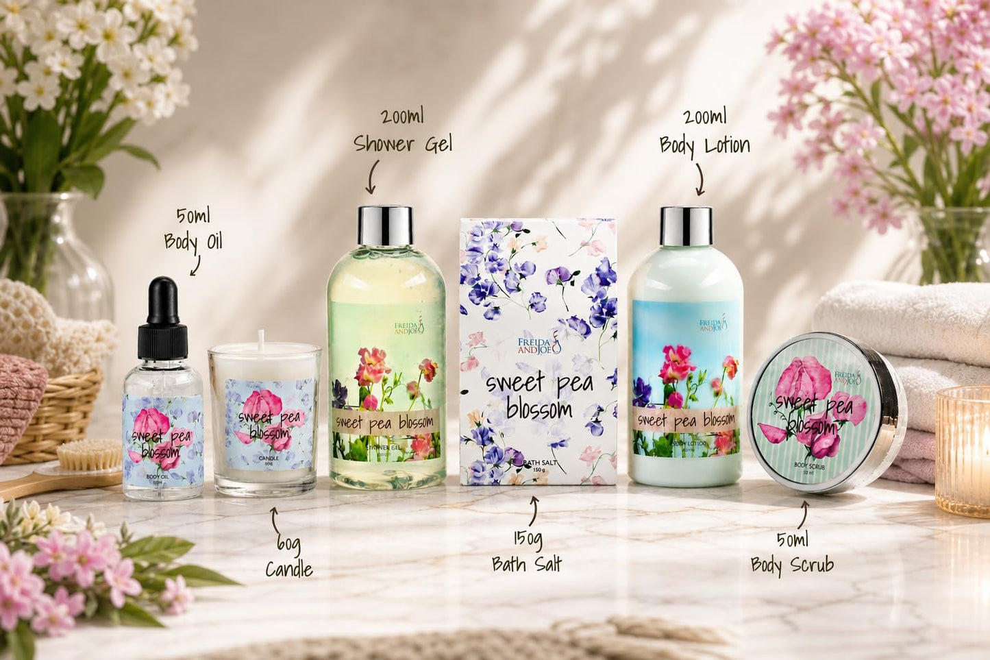 Sweet Floral Blossom Spa Gift Basket for Women - Mother’s Day Bath & Body Gift Set with Shower Gel, Body Lotion, Body Oil, Bath Salts & Candle - Self Beauty and Personal Care Freida and Joe