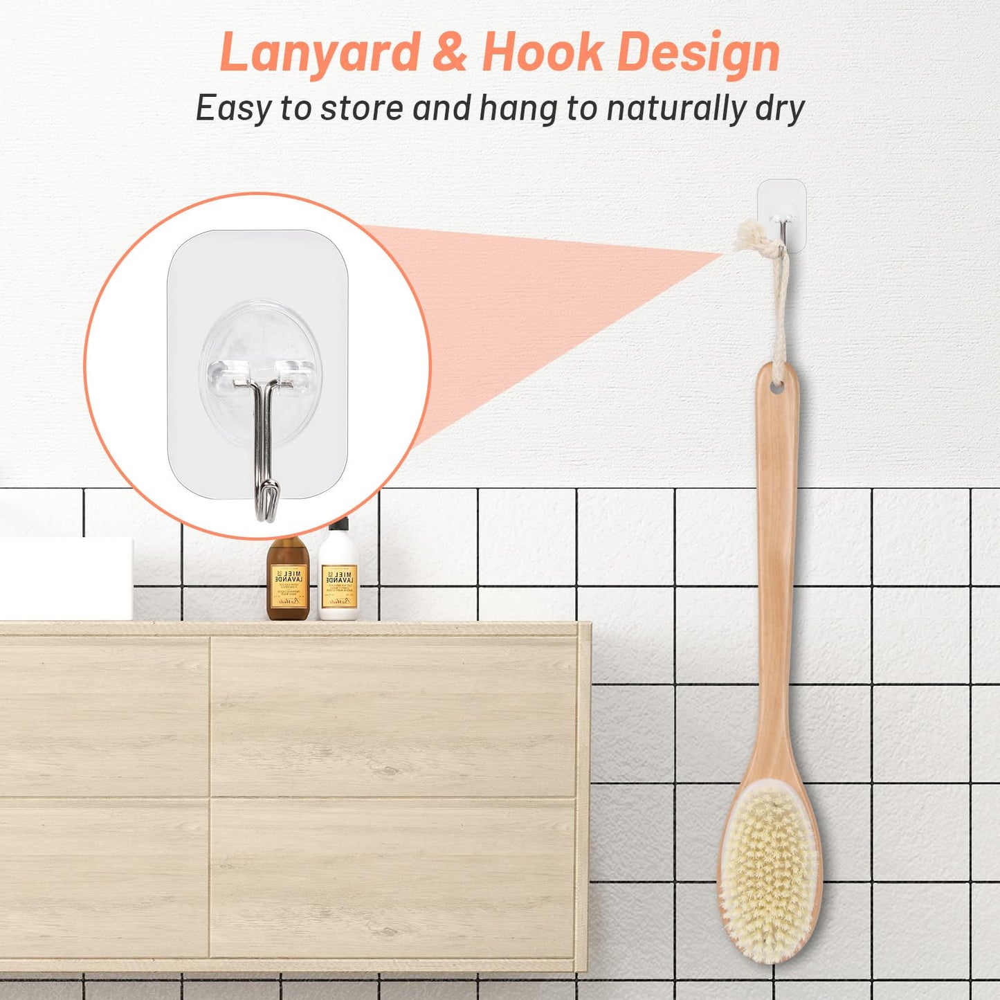 Alyvisun Wooden Back Scrubber for Shower with Long Handle, Dual-Sided Bath Brush Body Scrubber with Stiff and Soft Bristles, Exfoliating Body Brush Beauty and Personal Care Alyvisun