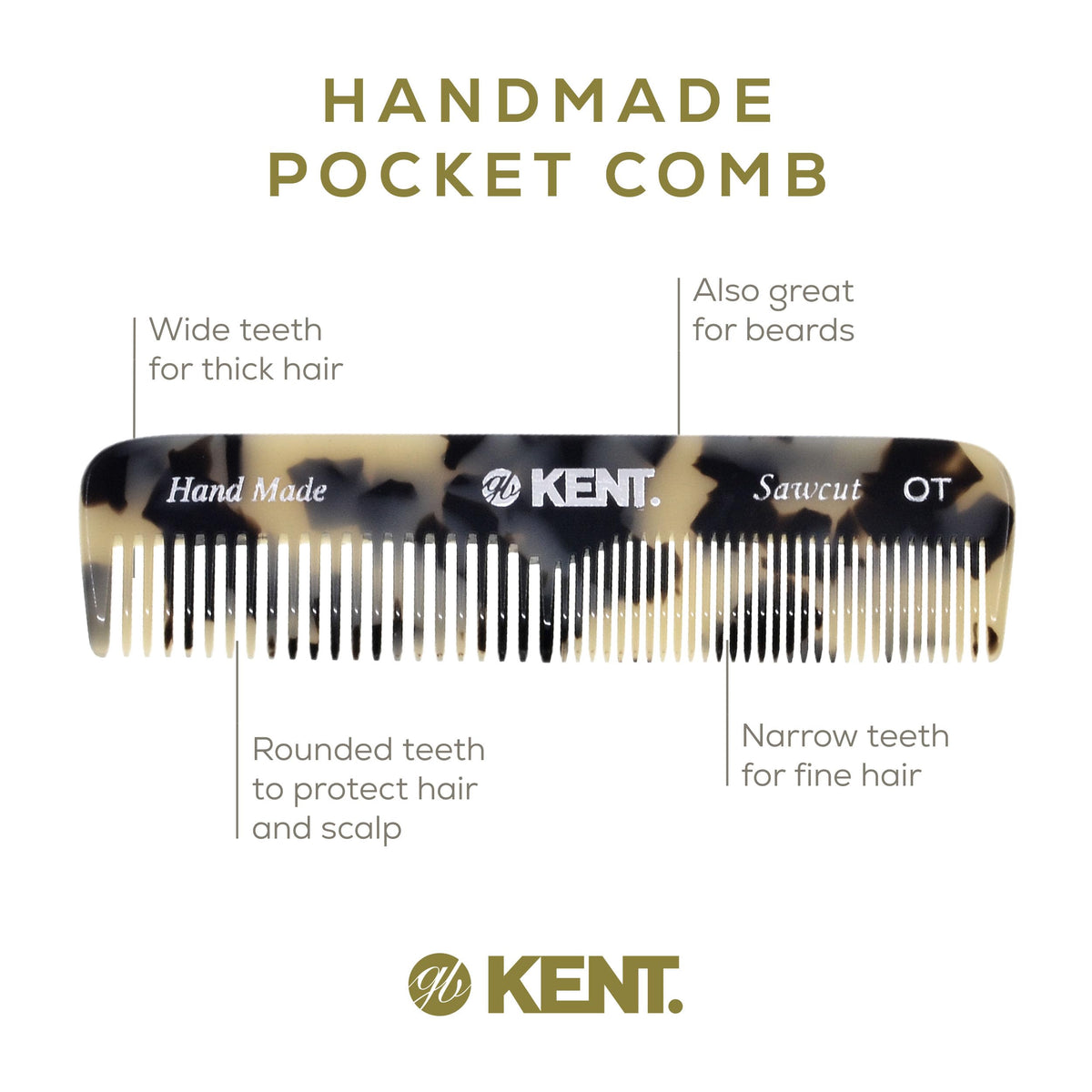 Kent OT TW Pocket Comb - Handmade Fine and Wide Tooth Hair Comb for Men, Women, and Kids - Travel, Beard, and Mustache Comb - Saw Cut and Hand