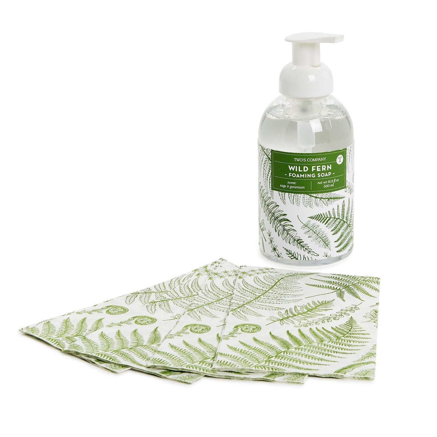 Two's Company Wild Fern Foaming Hand Soap 16.9 oz with 20 Disposable Guest Towels - Sage Geranium Scent Bathroom Set Beauty & Personal Care Two's Company