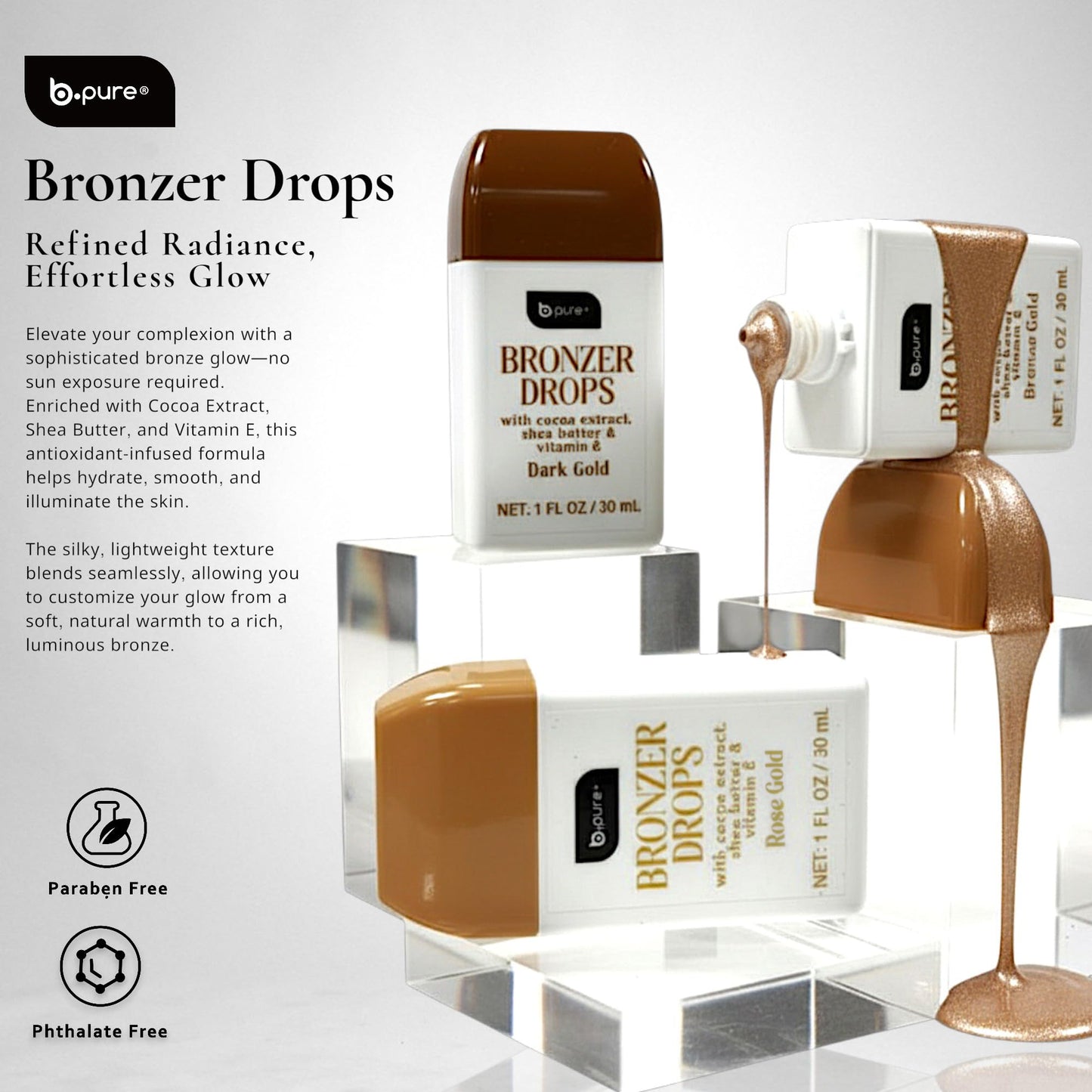 b.pure Moisturizing Bronzer Drops | Rose Gold | Tinted Face & Skin Glow Enhancer | 1 oz, 3-Pack Beauty & Personal Care b.pure