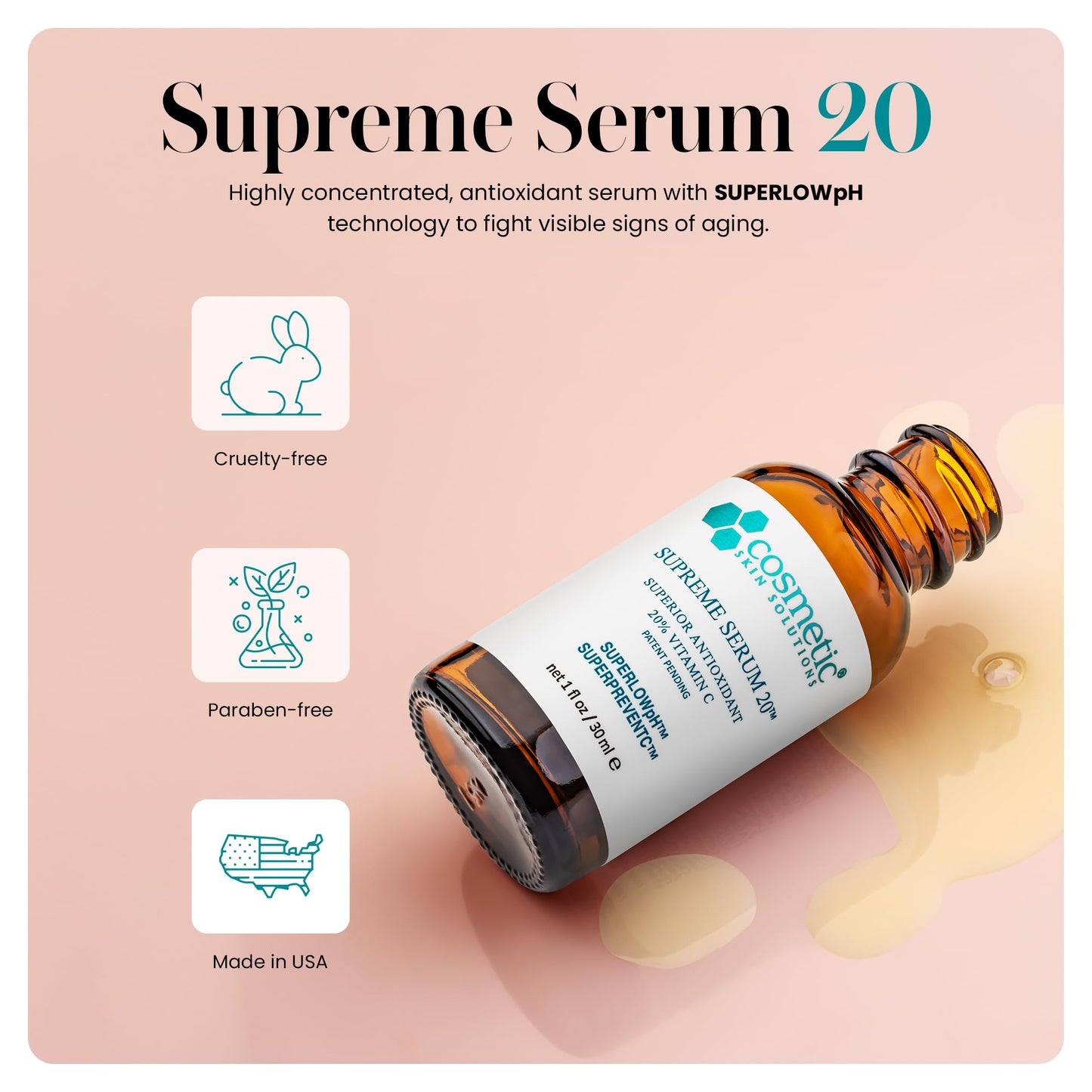 Supreme Serum 20 - 20% Vitamin C Face Formula with Hyaluronic Acid, Glutathione & Asiatic Acid - Antioxidant for Even Skin Tone, Firmness & Radiant Beauty & Personal Care Cosmetic Skin Solutions