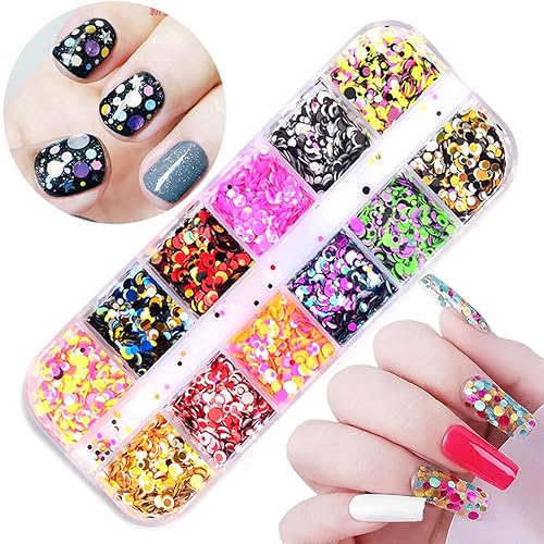 12 Colors Laser Mixed Circle Nail Glitter Sequins 3D Nail Art Accessories Holographic Round Shape Flakes Nail Art Design Acrylic Nails Supplies Women Beauty & Personal Care TBRZTR
