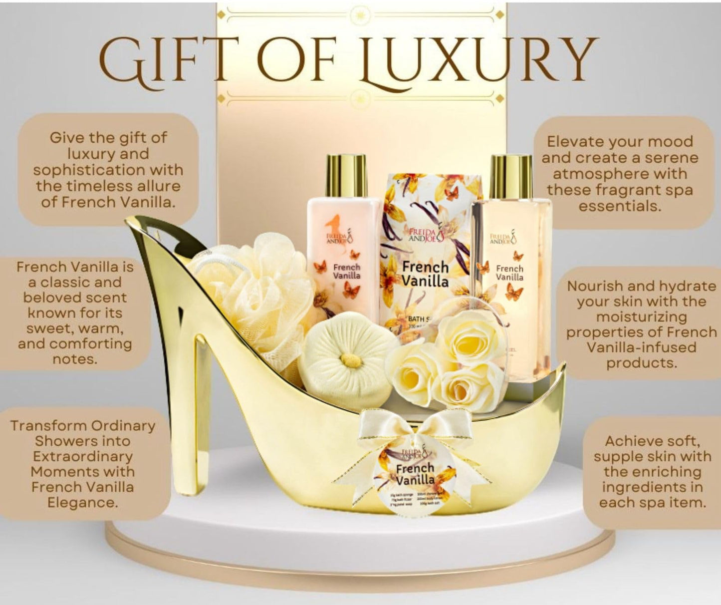 Elegant Bath Set in High Heel Shoe - Luxurious Spa Gift Basket for Women, Includes Shower Gel, Body Lotion, Bath Salts, Soap Flowers, Bath Fizzer Beauty and Personal Care Freida and Joe