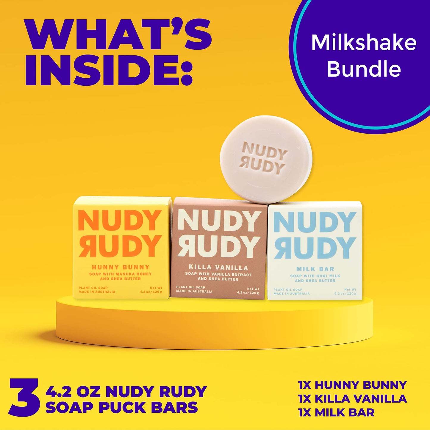 Nudy Rudy Milkshake Bundle Bar Soap Pucks, Includes Milk Bar, Hunny Bunny, Killa Vanilla, Made with Organic Shea Butter, Pure Plant Oils, Triple Beauty & Personal Care Nudy Rudy