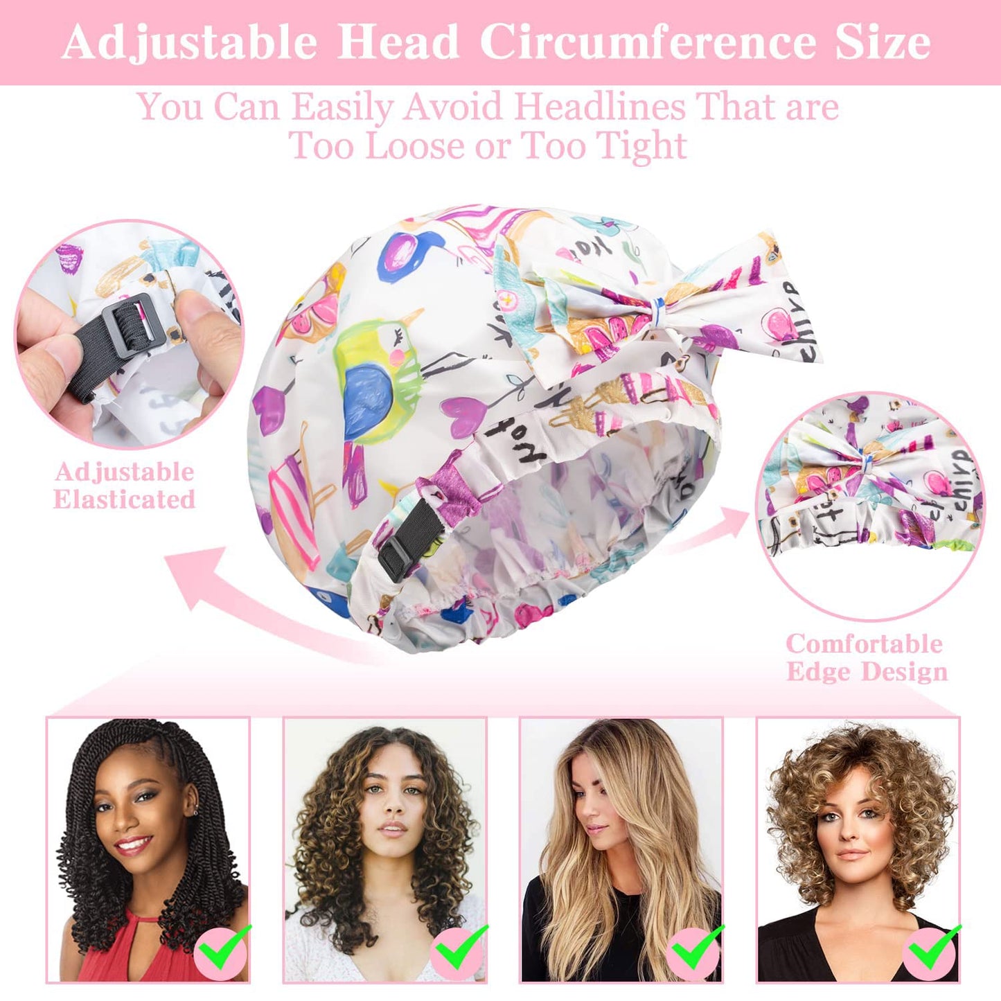 2 PCS Shower Caps, Reusable & Extra Large & Adjustable & Double Layer Waterproof Bow Knot Hair Reusable Cap for Women, Waterproof Outer & EVA Lining Beauty and Personal Care WINSTECK