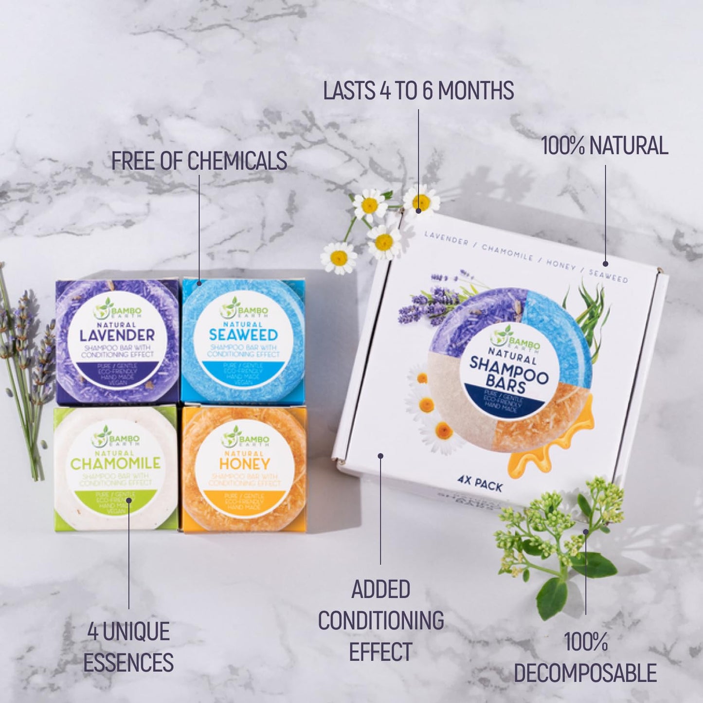 Solid Shampoo Bar And Conditioner Effect Hair Soap - 4 Pack 100% Organic Shampoo Bars For Hair With All Natural Plant Based Essential Oils And Eco Beauty & Personal Care BAMBOEARTH