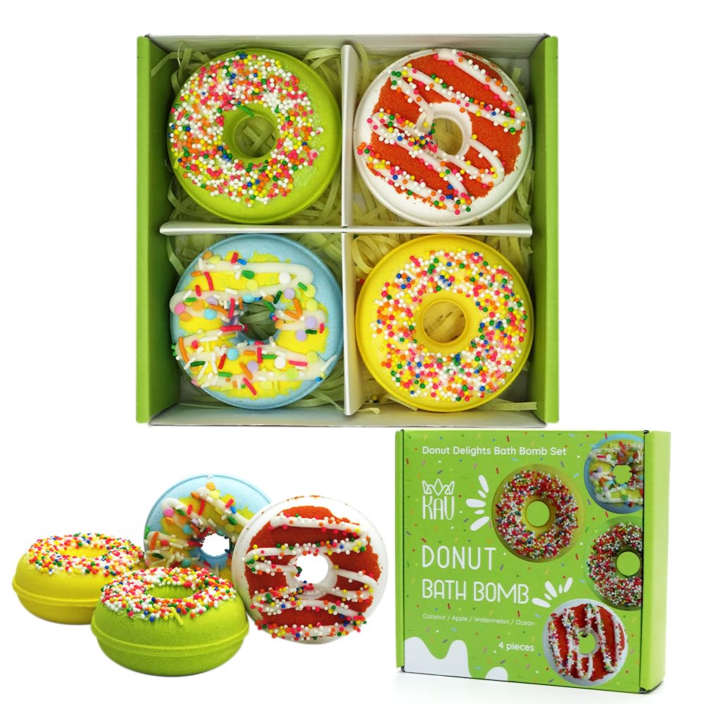 KAV Donut Bath Bombs Gift Set - 4 Piece Handmade Organic Bath Bomb Kit with Essential Oils - Relaxation Spa Gift for Women, Men, Teens, Kids - Self Beauty and Personal Care KAV