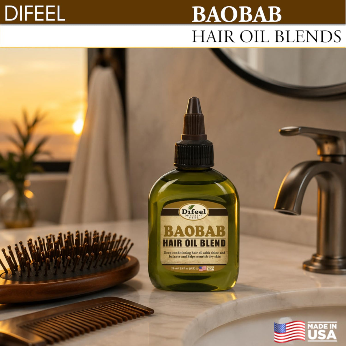 Difeel Baobab Hair Oil Blend - Travel Size 2.5 oz. - Lightweight Conditioning Treatment for Dry Hair & Scalp, Moisturizing Formula for Shine, Softness