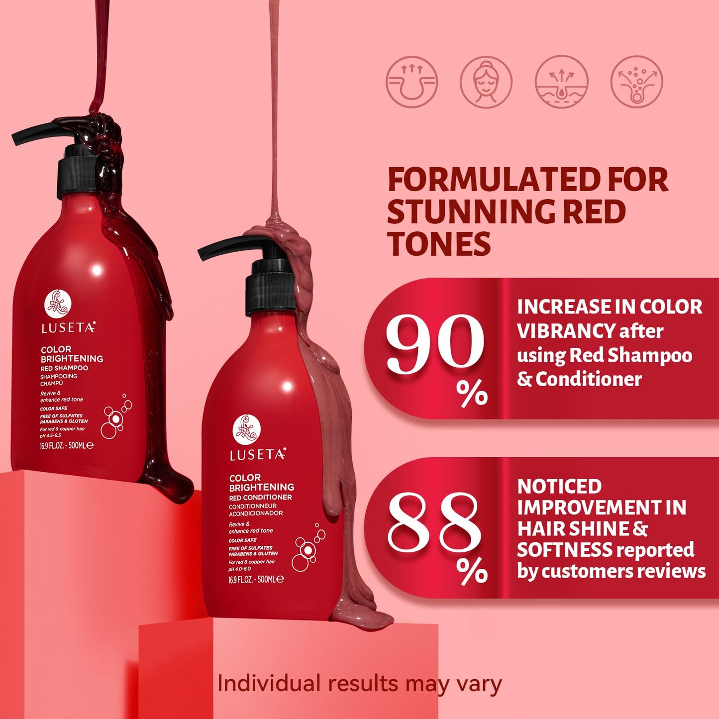 Color Treated Red Hair Shampoo and Conditioner Set with Pomegranate Extract for Copper Brightening and Strengthening, for Women and Men, 16.8oz*2 Beauty & Personal Care L LUSETA