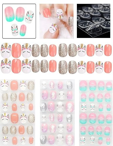 Rain Bingo 72 Pieces False Nails Press on Nails for Kids- Unicorn Short Fake Artificial Full Cover Nail Art Kits Transation with Nail Glue Tabs Beauty & Personal Care Pumkryth