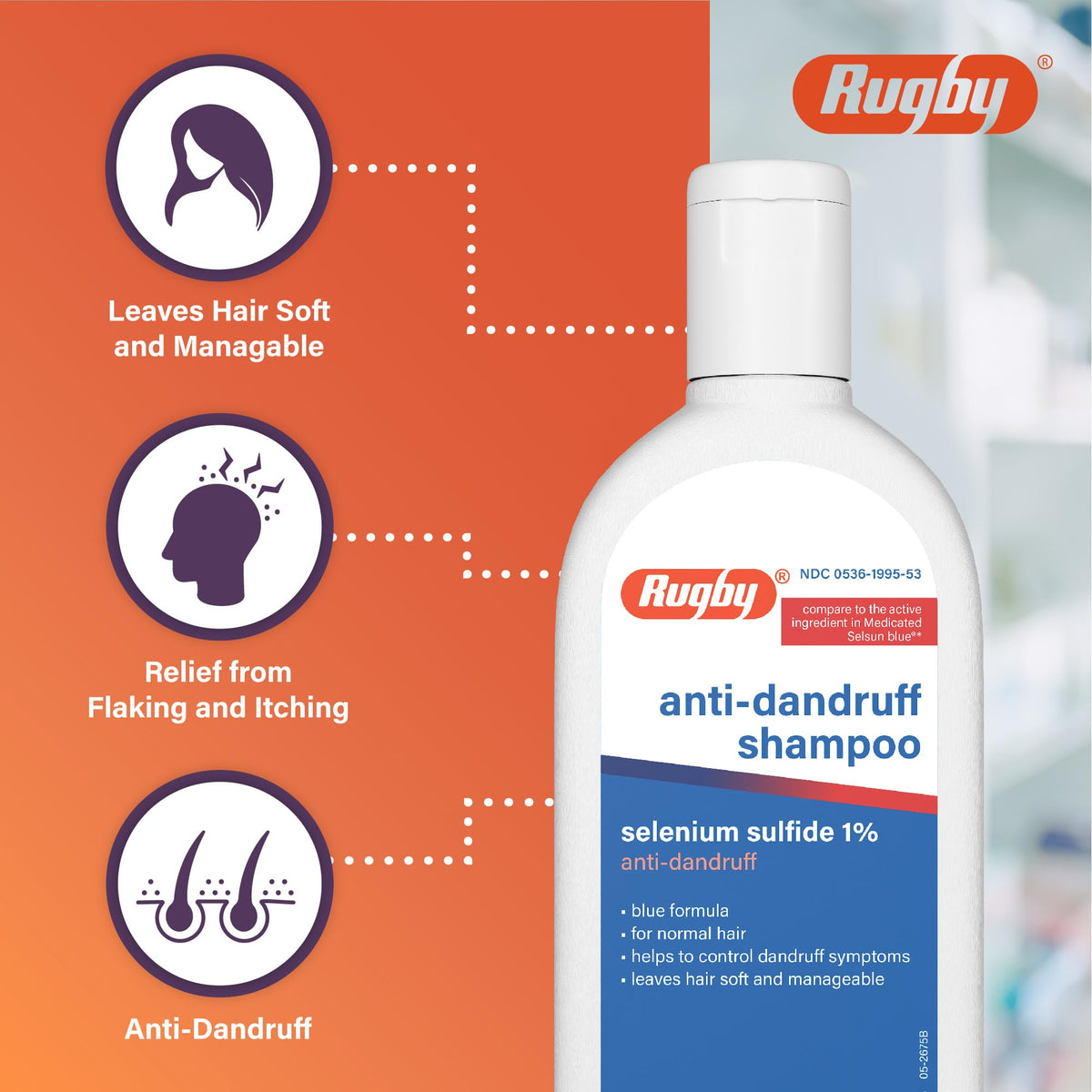 Rugby Selenium Sulfide Anti-Dandruff Shampoo - Blue Formula for Normal Hair - 7 Oz (2-Pack)