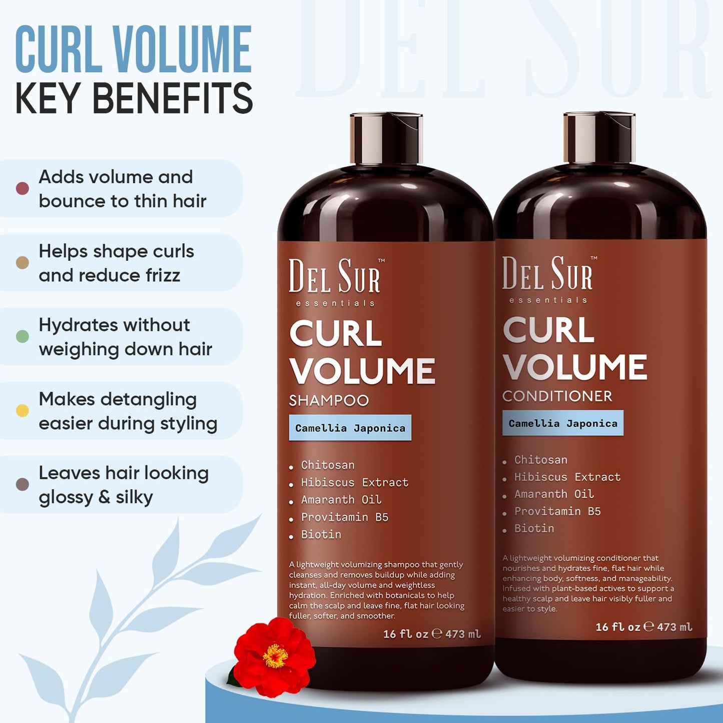 DEL SUR Curly Hair Shampoo and Conditioner Set | Curl Defining, Volume & Hydration | 16 fl oz Each | with Camellia Japonica, Hibiscus & Amaranth Oil | Beauty & Personal Care DEL SUR