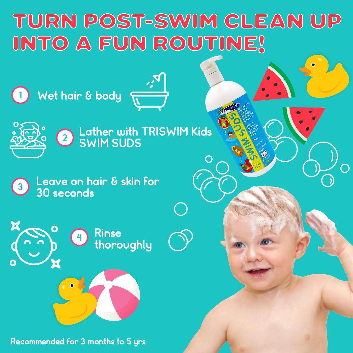 TRISWIM Kids Swim Suds 2-in-1 Tear-Free Shampoo & Body Wash 32oz | Natural Chlorine-Out Formula, Removes Green Tint | No Parabens or Dyes | Gentle Beauty & Personal Care TRISWIM