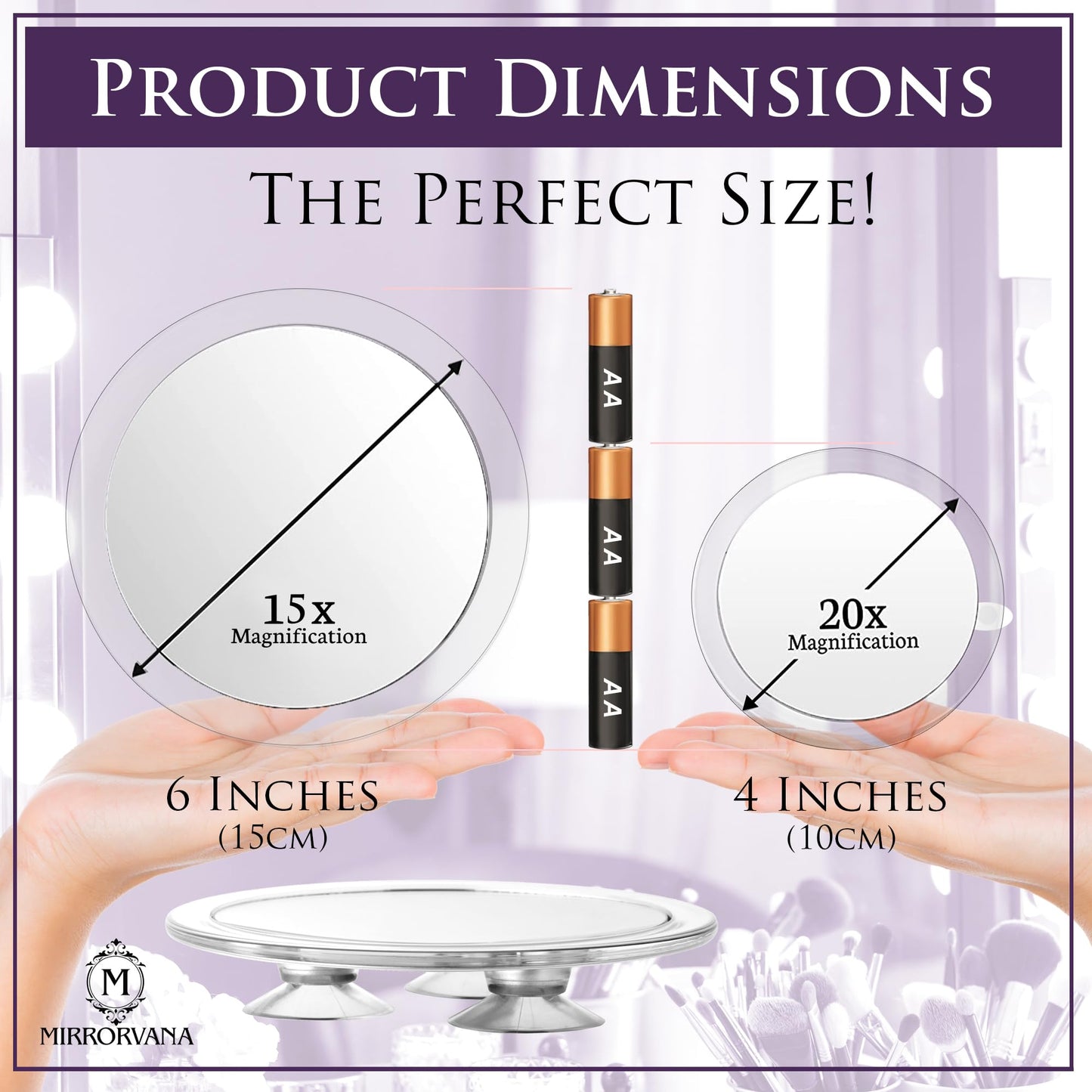MIRRORVANA 20X & 15X Magnifying Mirror Set with 3 Suction Cups Each - Compact & Travel Ready Mirror for Makeup - Sizes: 6" and 4" Wide Beauty & Personal Care MIRRORVANA