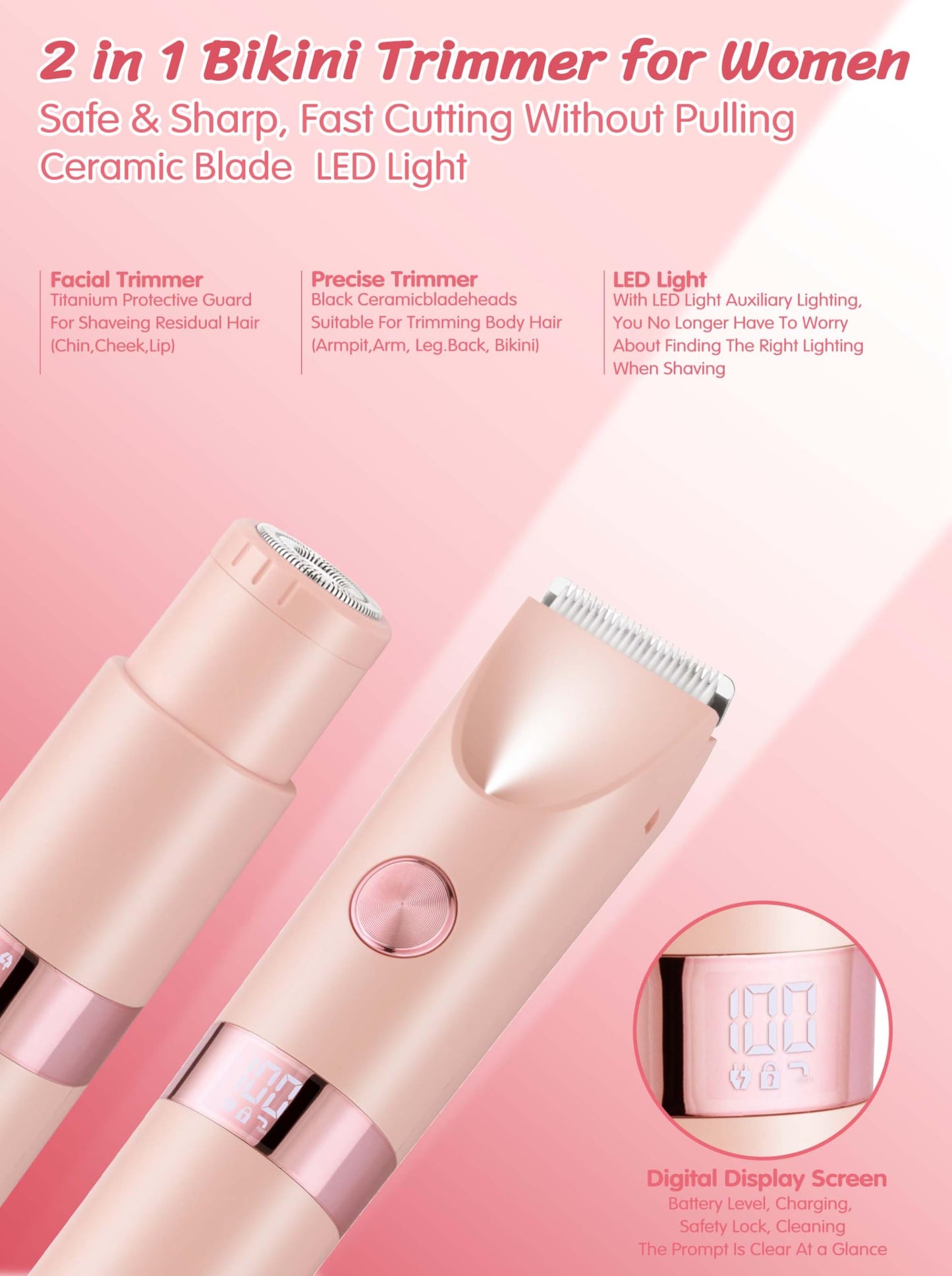 YTSC FF Bikini Trimmer for Women,Dual Head Electric Razor with LED Light and LED Display,Ceramic Blade,PX7 Waterproof & Painless for Bikini Area,Pubic Beauty and Personal Care YTSC FF