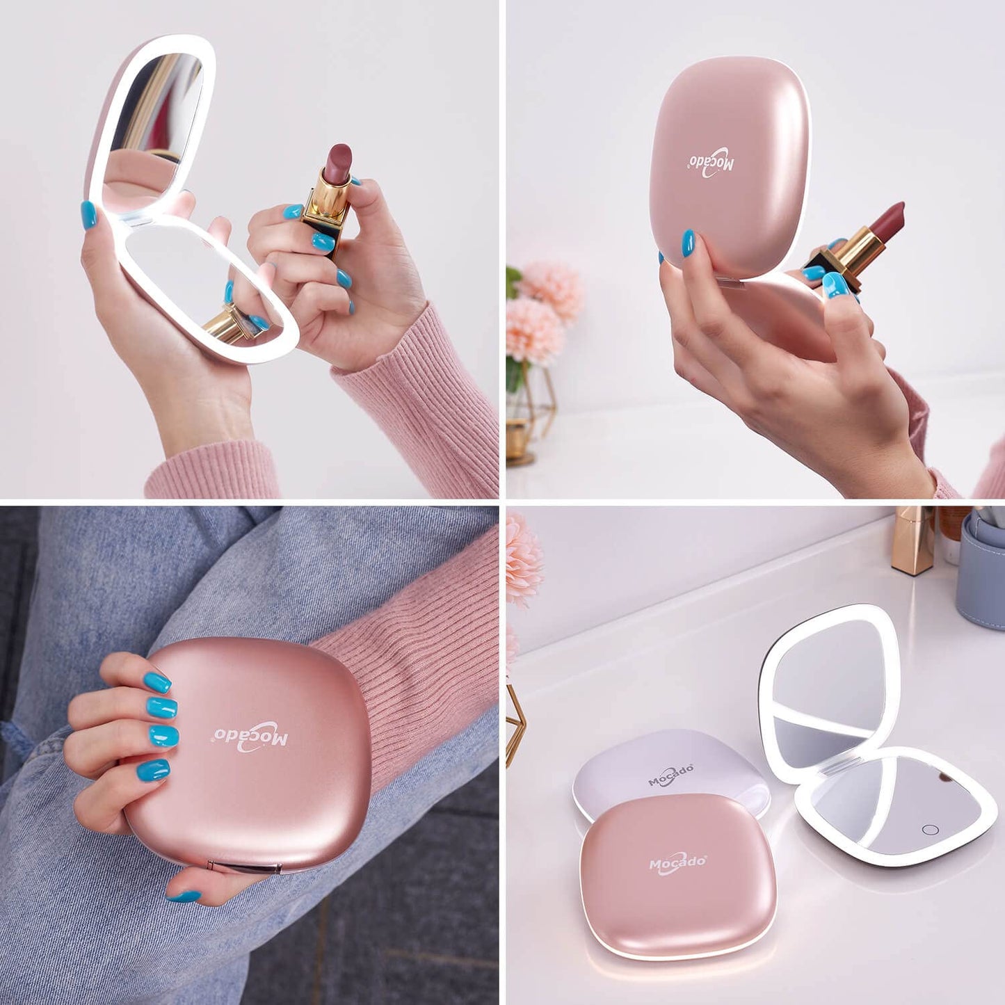 Mocado Compact LED Magnifying Travel Makeup-Mirror - 4 inches 1X/10X Magnification Small Hand Pocket Dimmable Double Sided USB Rechargeable Touch Beauty & Personal Care Mocado