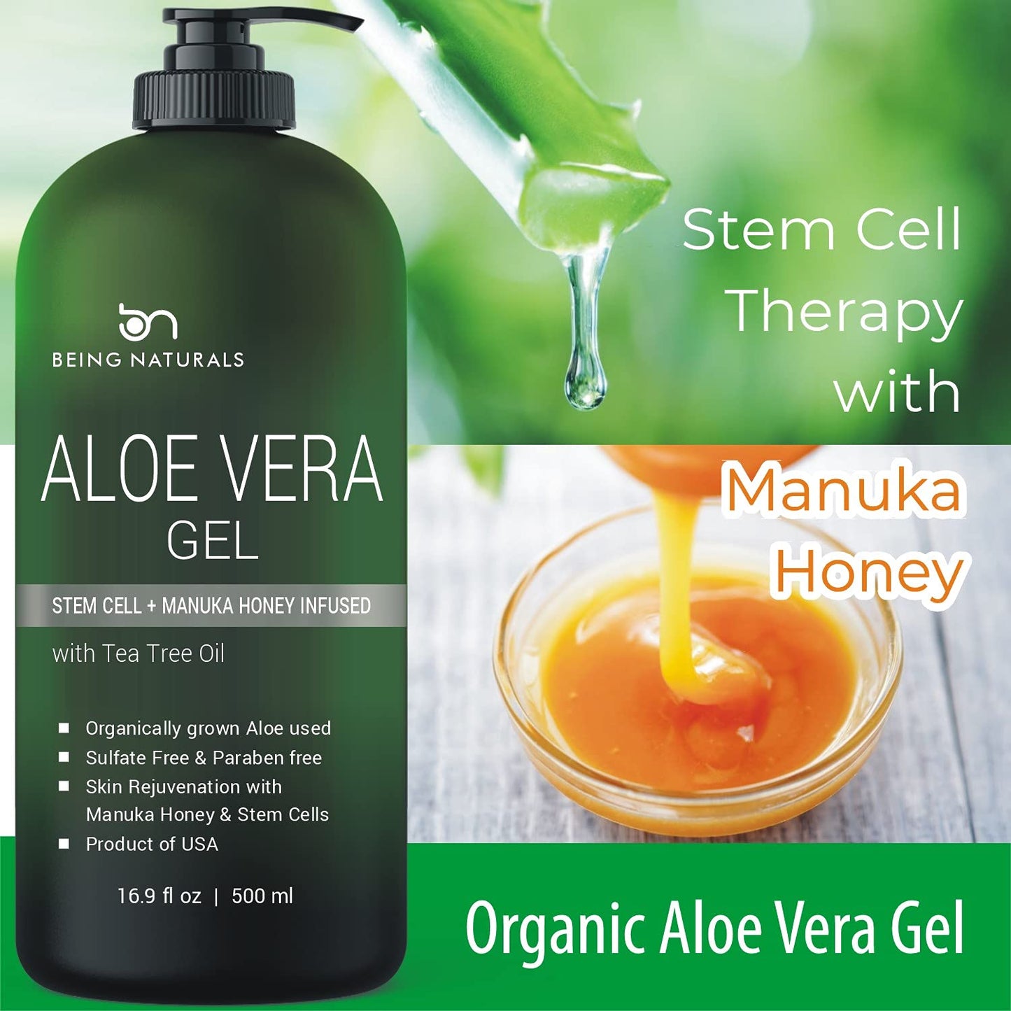 Aloe vera Gel - from 100% Pure Organic Aloe Infused with Manuka Honey, Stem Cell, Tea Tree Oil - Natural Raw Moisturizer for Face, Body, Hair. Perfect Beauty & Personal Care Being Naturals
