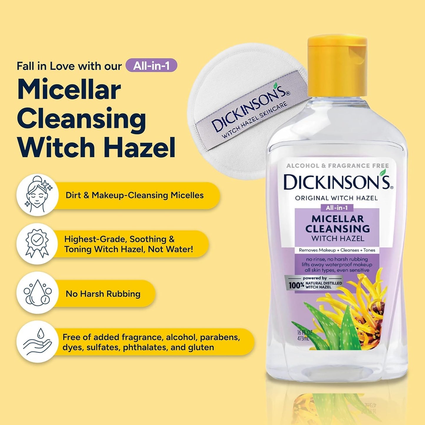 Dickinson's Micellar Cleansing Witch Hazel, An All-in-1 Makeup Remover, Pore Refiner, Skin Cleanser and Toner; Alcohol Free with Aloe, for Sensitive Beauty and Personal Care Dickinson's