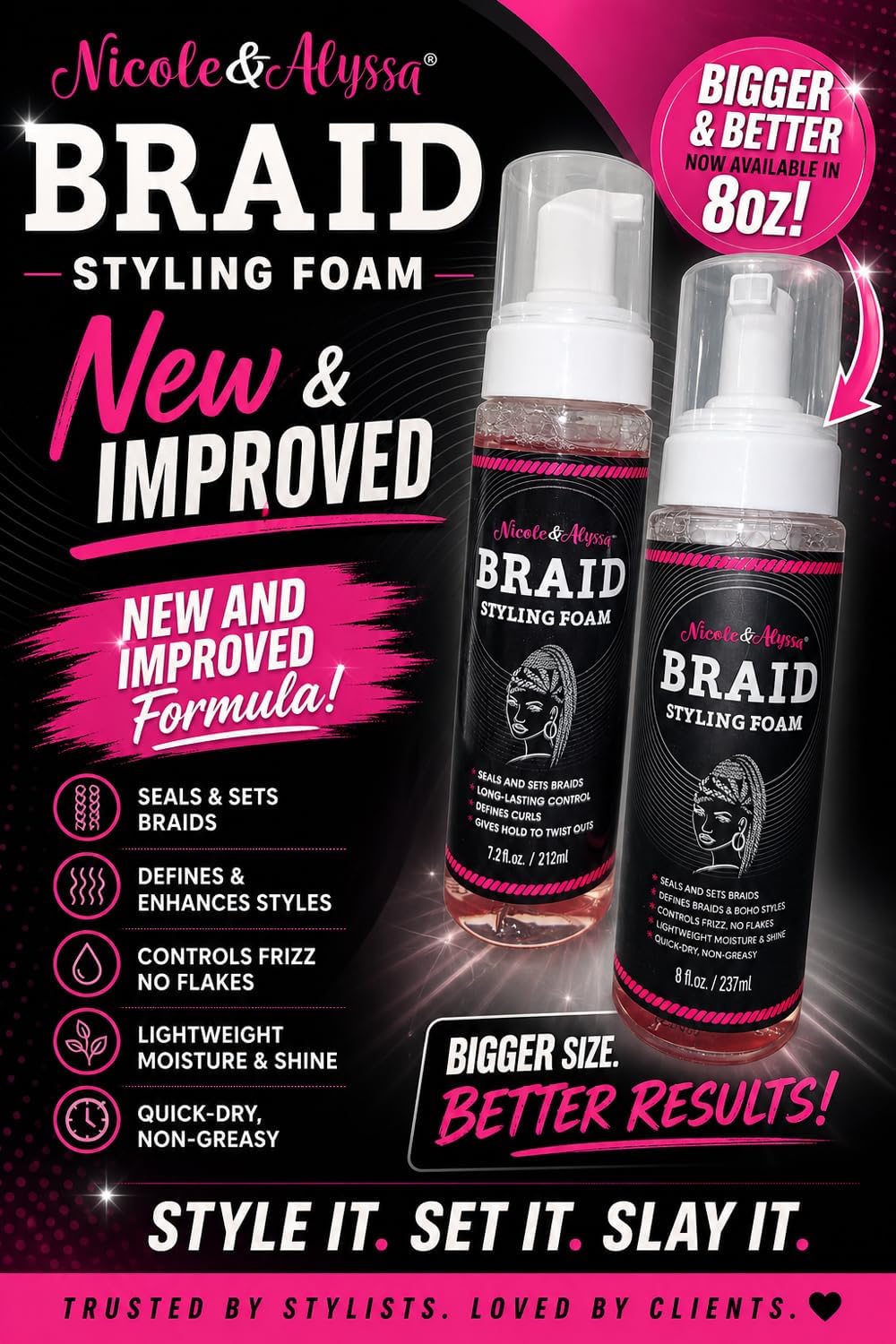 Nicole & Alyssa Braid Styling Foam 8oz - Extra Hold Foam Mousse for Braids, Boho Braids, Crochet Styles, Twists & Locs - High Shine, Flake-Free Beauty & Personal Care Nicole & Alyssa