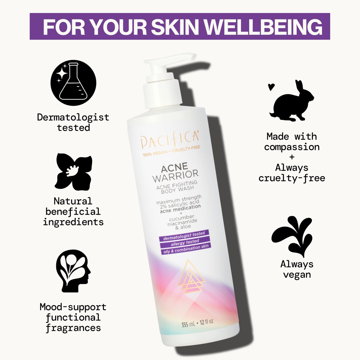Pacifica Beauty Acne Warrior Acne Fighting Body Wash with Pump, Bath and Shower Gel, 2% Salicylic Acid, Cucumber, Niacinamide, Aloe, Acne Treatment Beauty & Personal Care Pacifica