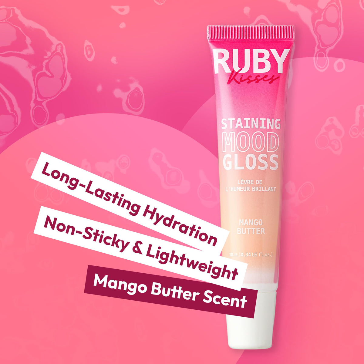 Ruby Kisses pH Lip Gloss, Pink Tinted Lip Balm Stain, Mood Color Changing Lipstick with Mango Butter for Long-Lasting Hydration Beauty & Personal Care Ruby Kisses