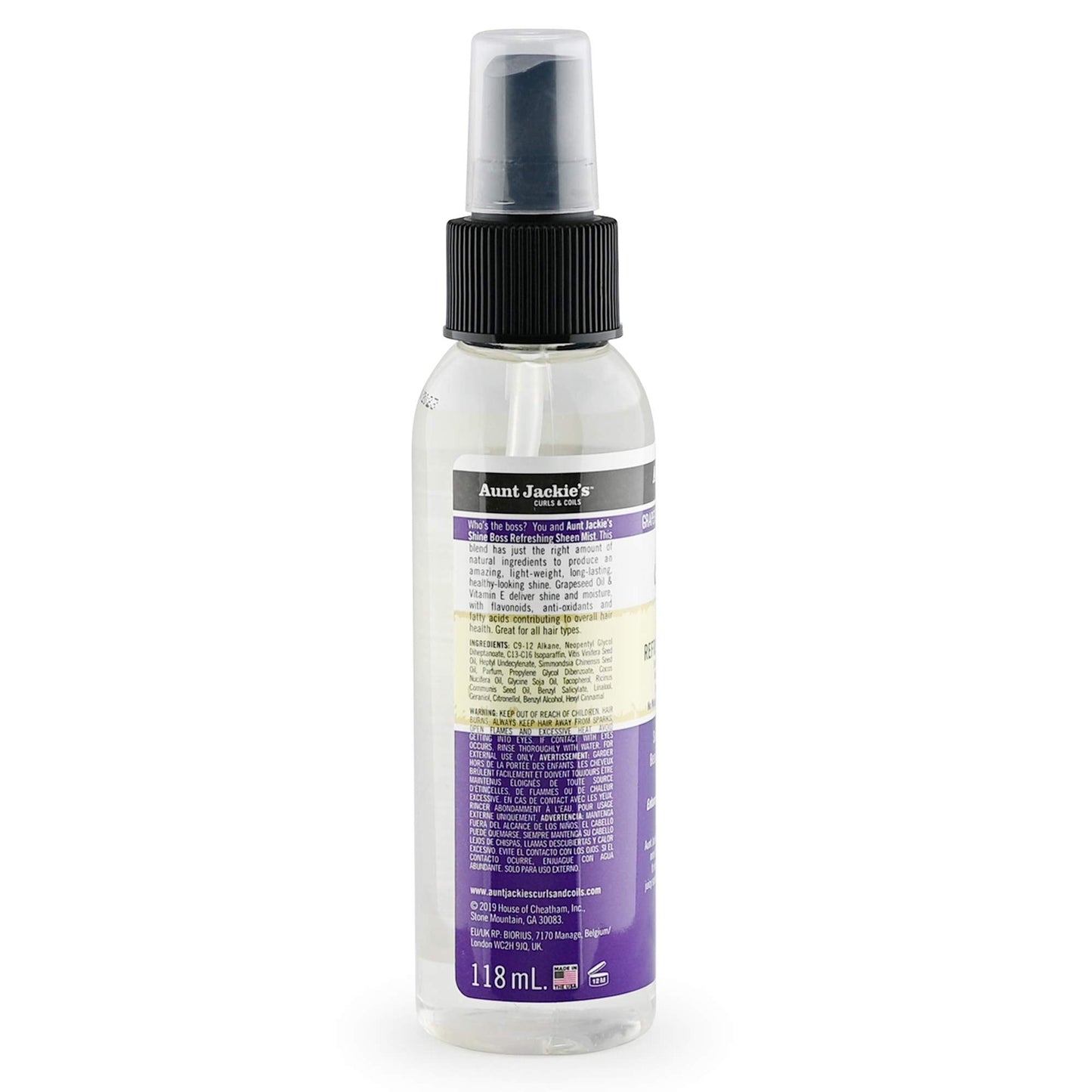 Aunt Jackie's Grapeseed Style and Shine Recipes Shine Boss Refreshing Sheen Hair Mist, Gives Curls, Waves and Coils Shine Without Oily Feel, 4 oz Beauty & Personal Care Aunt Jackie's