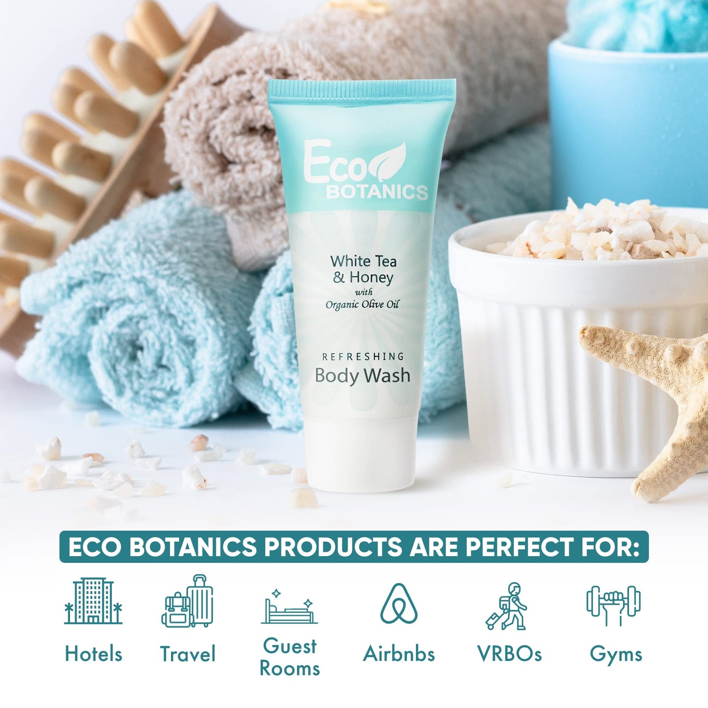 Eco Botanics Travel Size Hotel Body Wash 20 Count 0.85 oz Bottles Guest Amenities for Vacation Rentals and Short Term Rentals Paraben Free White Tea Beauty & Personal Care Eco Botanics
