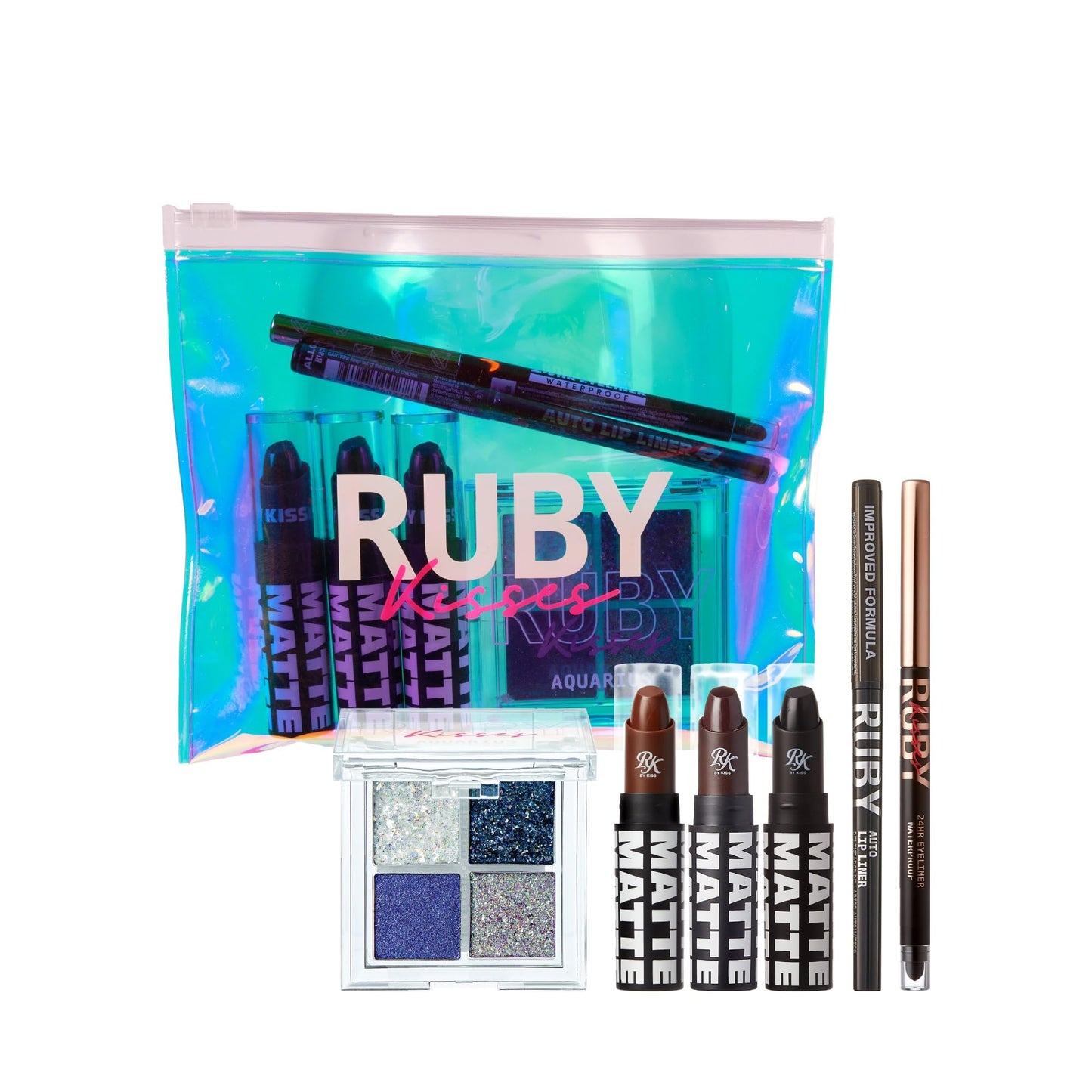 Ruby Kisses Limited Edition Bold Makeup Kit - 3 Mattest Matte Lipsticks, Glitter Gem Palette, Waterproof Eyeliner, Auto Lip Liner & Holographic Pouch Beauty & Personal Care Ruby Kisses