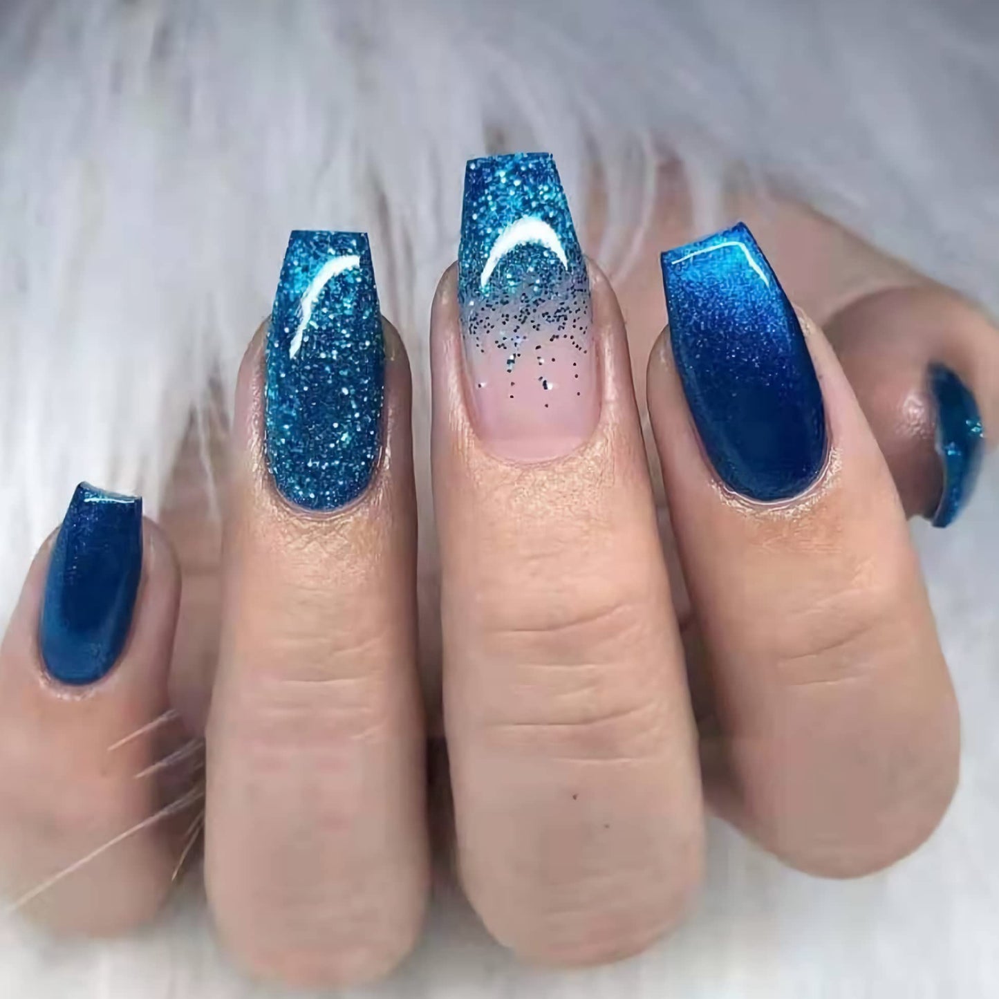 MISUD Press on Nails - Medium Coffin Glue on Nails with Blue Ombre, Acrylic Bling Glitter Design 24 pcs Beauty & Personal Care MISUD