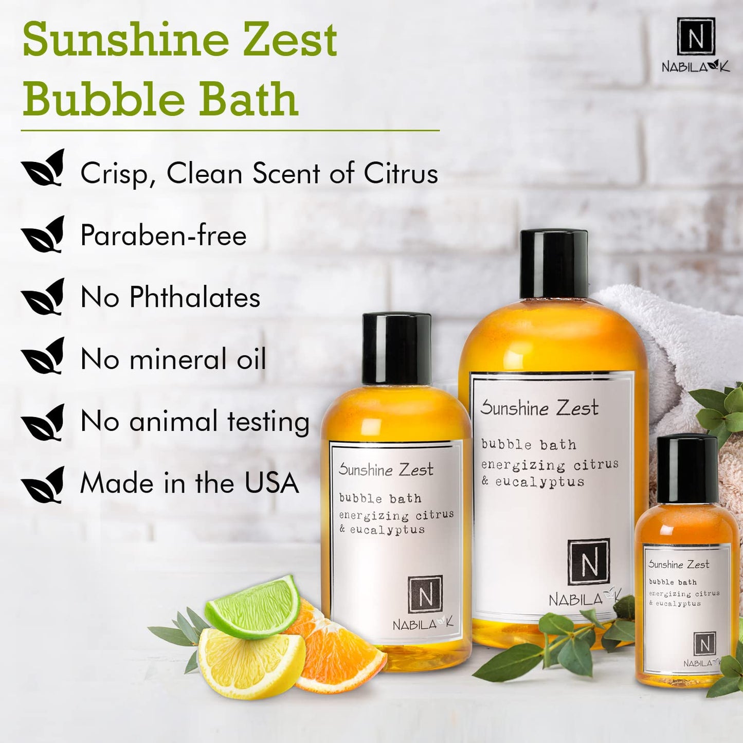 Nabila K Sunshine Zest Bubble Bath with Citrus & Eucalyptus | Natural & Organic, Sulfate-Free, Tear-Free | Luxury Aromatherapy Bath Soak for Sensitive Beauty & Personal Care Nabila K