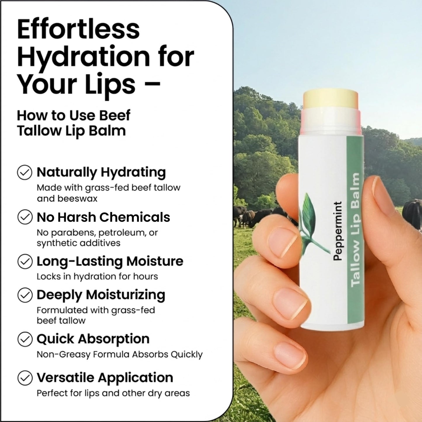 Tallow Lip Balm by Cattle Creek - All-Natural Ingredients, Long-Lasting Moisture and Hydration for Dry, Cracked, and Chapped Lips, Soothing Formula Beauty & Personal Care Cattle Creek Mercantile