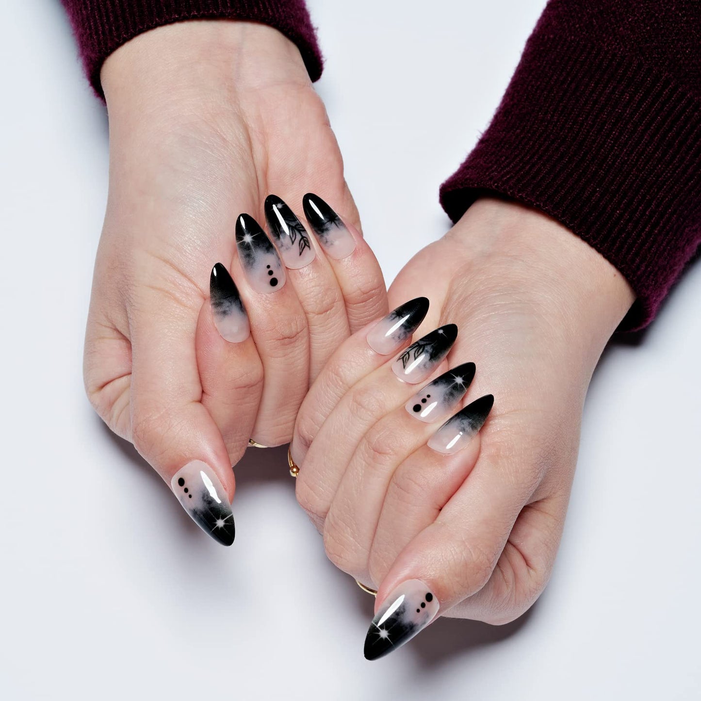 GLAMERMAID Press on Nails Medium Almond, Gothic Black Ombre French Tip Gel Glue on Nail, Glossy Short Stiletto Reusable UV Finish Fake Nails Acrylic Beauty & Personal Care GLAMERMAID