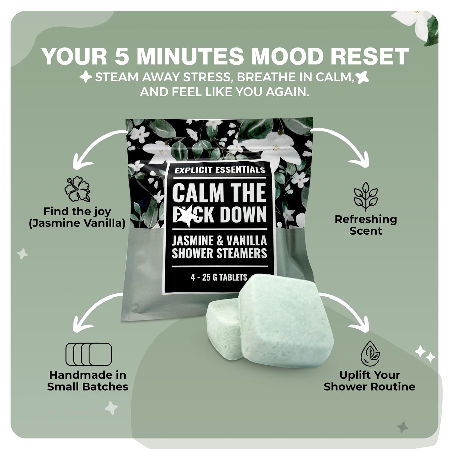Explicit Essentials Calm The F Down Shower Steamers - Jasmine Vanilla Aromatherapy Shower Steamers for Relaxation & Stress Relief - Spa Shower Gift Beauty and Personal Care Explicit Essentials