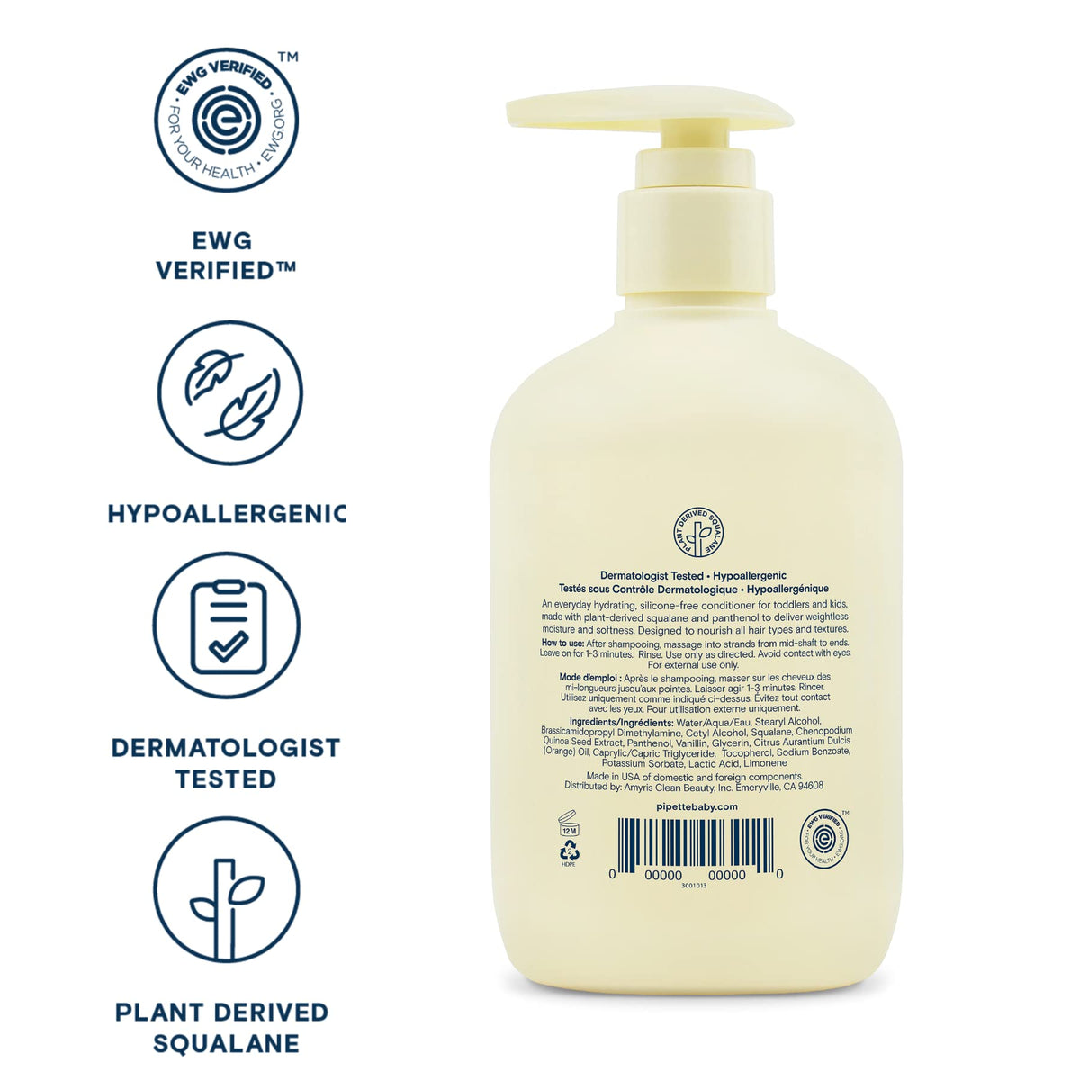 Pipette Daily Nourishing Conditioner -Tear Free Conditioner for Kids, Adds Moisture, 100% Plant-Derived Squalane and Quinoa, Orange + Vanilla Aroma,