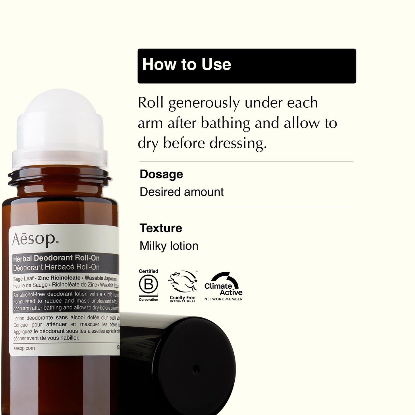 Aesop Aluminum Free Herbal Deodorant Roll On for Women & Men - Sage Leaf & Zinc Reduces Odor, Witch Hazel Soothes Skin - Alcohol-Free Formula Beauty and Personal Care Aesop
