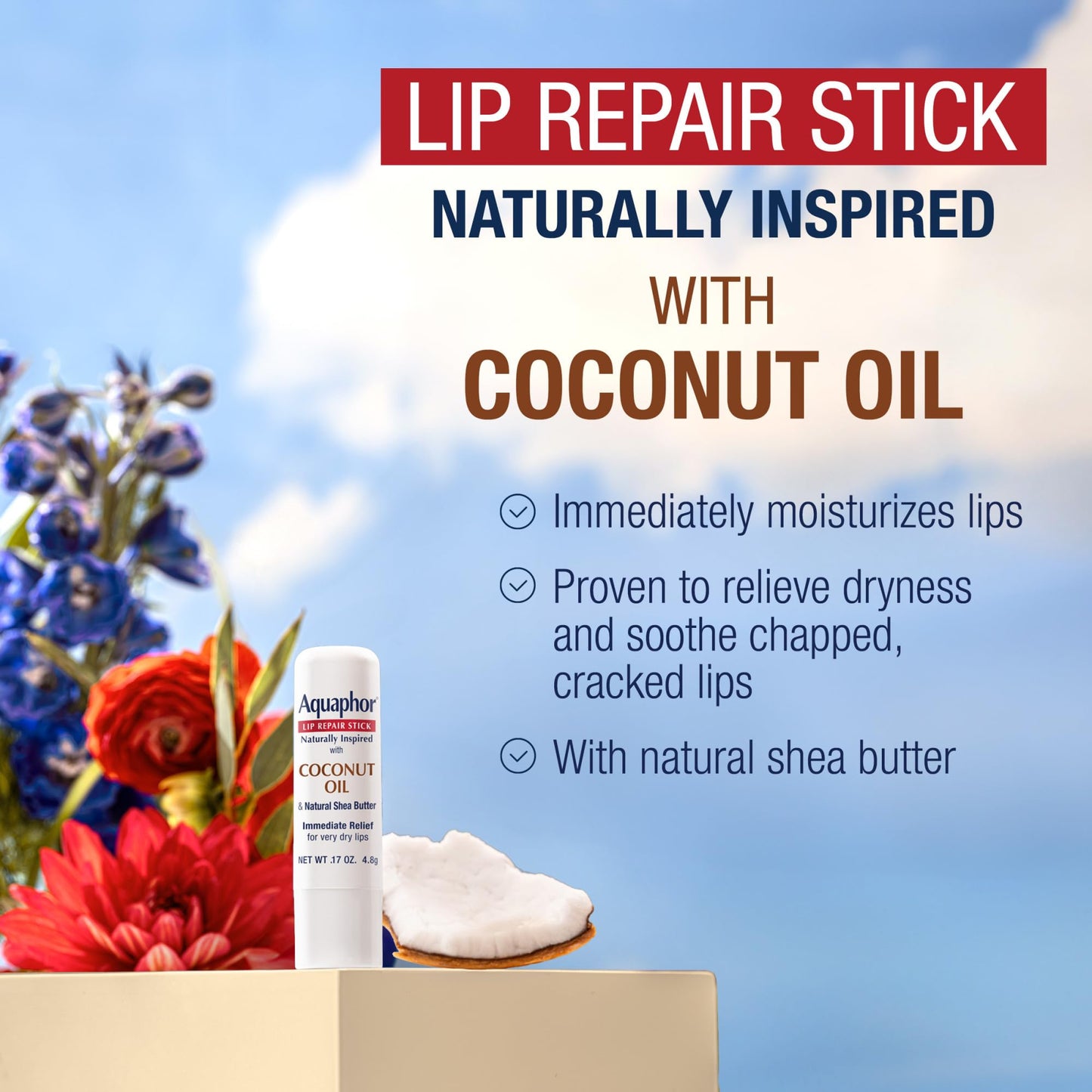Aquaphor Naturally Inspired Lip Repair Stick with Coconut Oil and Natural Shea Butter, Hydrating Lip Balm Immediately Relieves Dryness, 0.17 Oz Stick Beauty & Personal Care Aquaphor