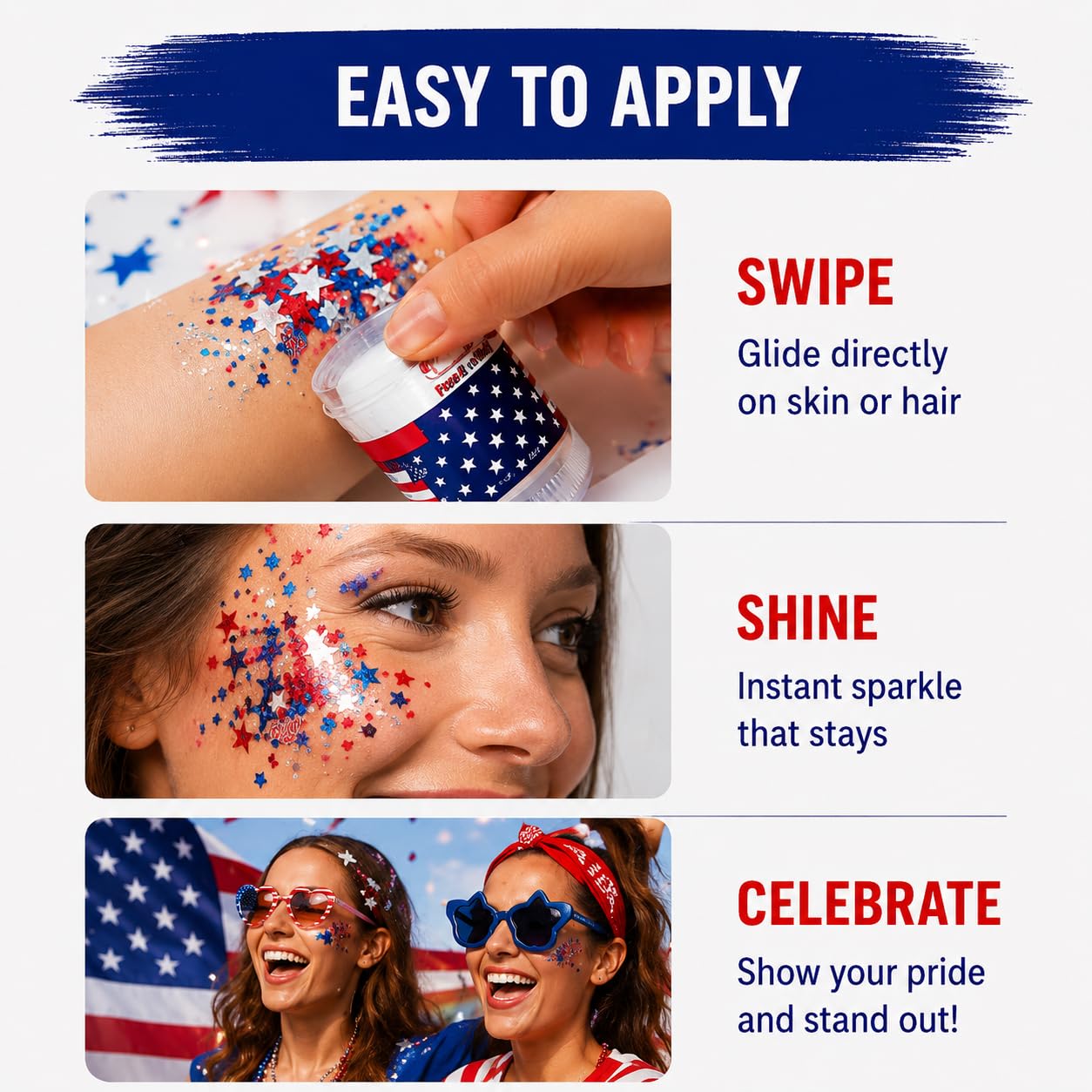 Patriotic Glitter Stick for Face Hair & Body, Red White Blue Star Glitter Makeup, 4th of July Accessories for Women, Football Game Day Face Glitter Beauty & Personal Care YINGBALHL