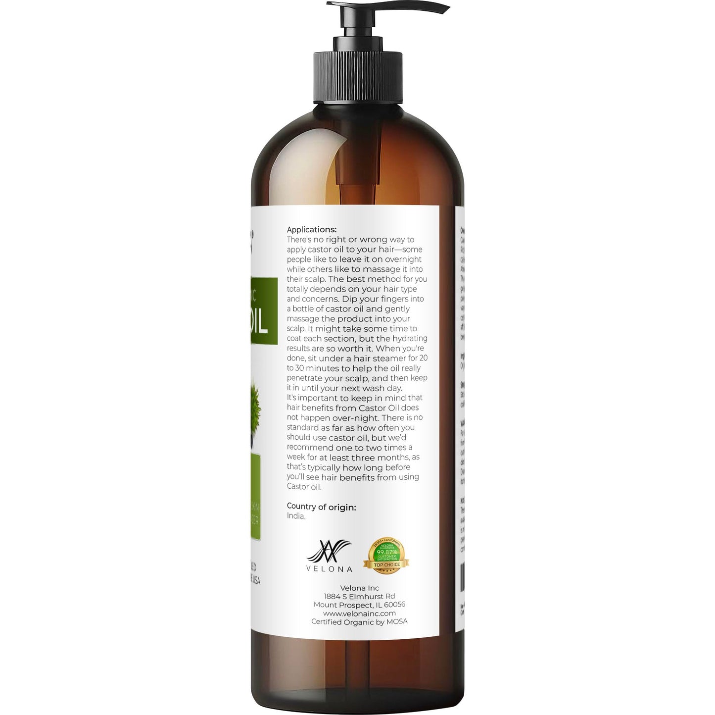 velona USDA Certified Organic Castor Oil - 16 fl oz (With Pump) | For Hair Growth, Boost Eyelashes, Eyebrows | Cold pressed, Natural Oil, USP Grade | Beauty & Personal Care velona