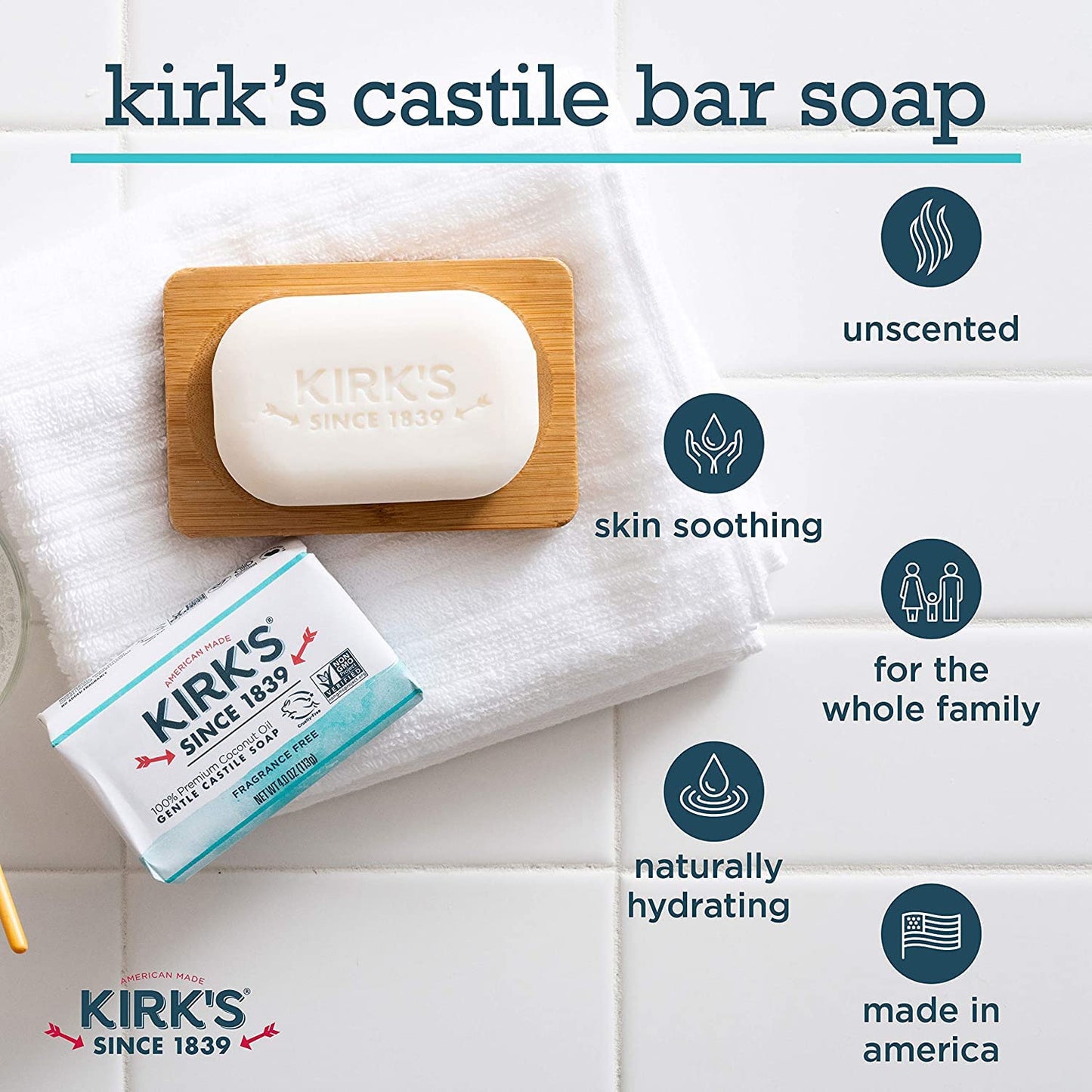 Castile Bar Soap by Kirk’s | Clean Soap for Men, Women & Children | Premium Coconut Oil | Sensitive Skin Formula, Vegan | Fragrance-Free/Unscented | Beauty & Personal Care Kirk's