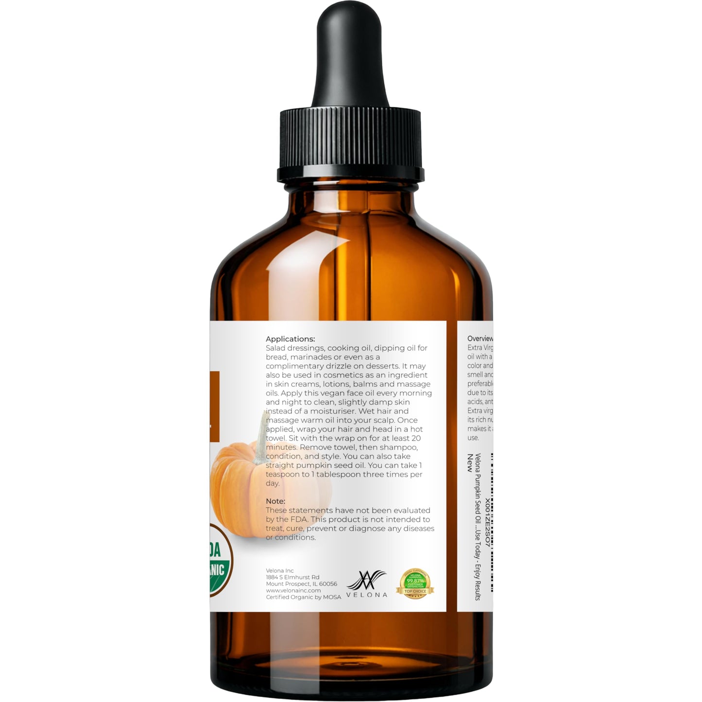 velona Pumpkin Seed Oil USDA Certified Organic - 4 Fl Oz | 100% Pure and Natural Carrier Oil | Unrefined, Cold Pressed | Cooking, Face, Hair, Body Beauty & Personal Care velona