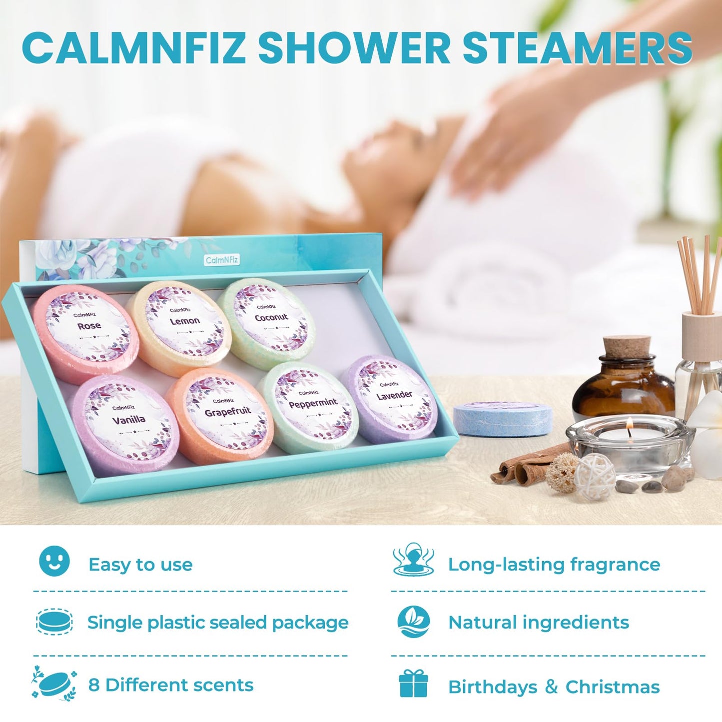 CalmNFiz Shower Steamers 8 Pack Set, Scented Shower Bombs Tablets in Box with 8 Fragrances, Fathers Day Gift for Dad, Self-Care & Relaxation Birthday Beauty and Personal Care CalmNFiz