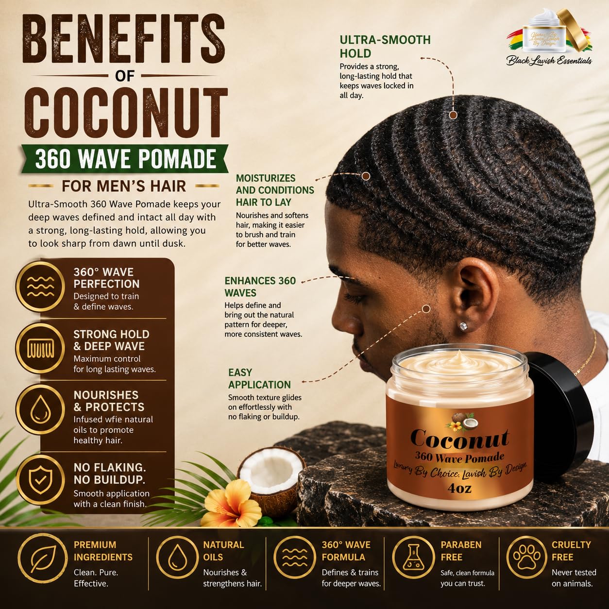 Black Lavish Essentials Ultra-Smooth 360 Wave Pomade, 4oz Coconut Hair Butter, Strong Hold Non-Greasy Hair Styling Cream for Deep Waves, Shea Beauty & Personal Care Black Lavish Essentials