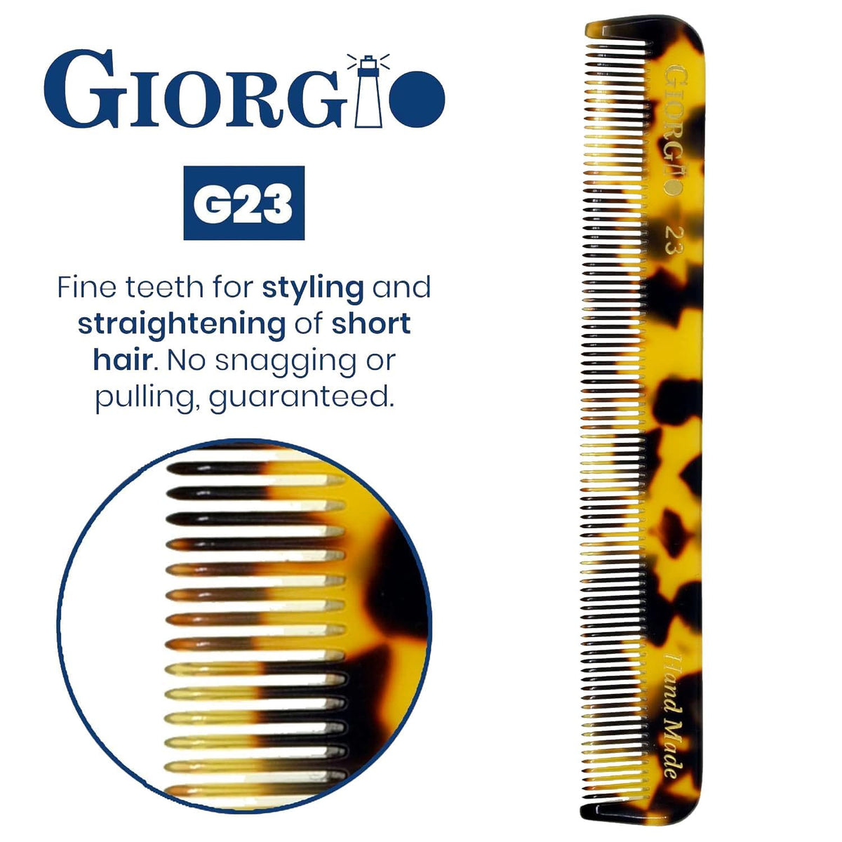 Giorgio G23 Handmade Fine Tooth Comb for Men, Mustache and Beard Comb for Men, Hair Combs for Everyday Grooming, Saw Cut and Hand Polished (4.6")
