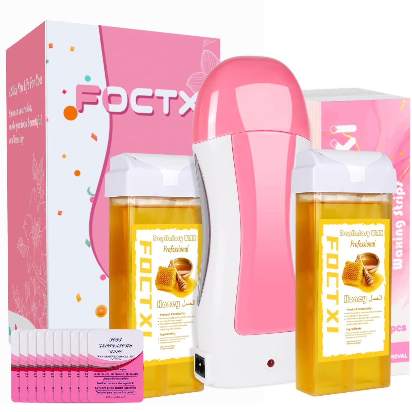 FOCTXI Roll On Waxing Kit for Sensitive Skin - Hair Removal with 2 Honey Soft Wax Cartridges and 100 Non-Woven Wax Strips, 10 Wipes Beauty and Personal Care FOCTXI