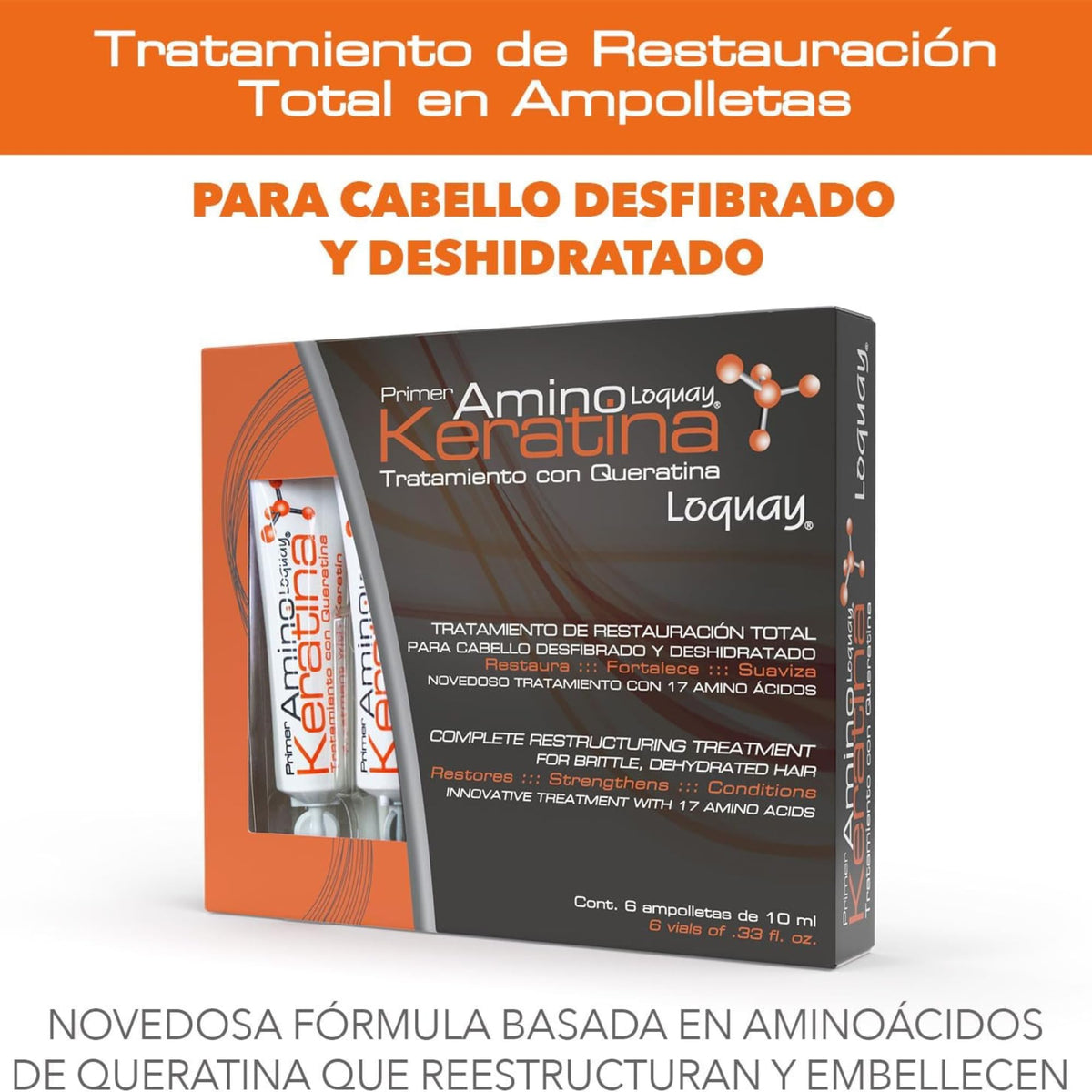 Loquay Amino Keratina Hair Ampoules - Keratin Restructuring Treatment with 17 Amino Acids - Complete Restoring Treatment for Brittle, Dehydrated Hair